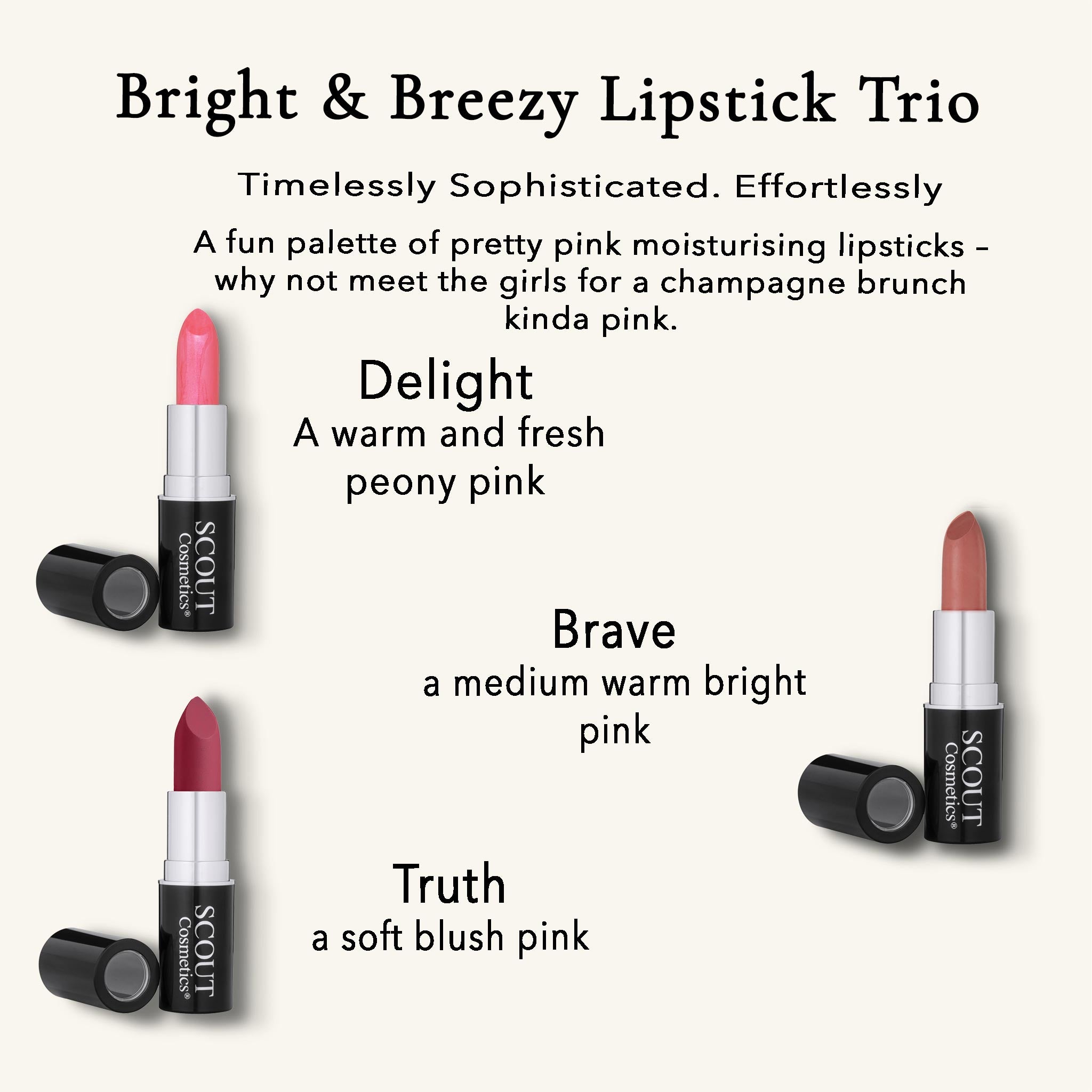 Three lipsticks from a brand called 'SCOUT' with descriptions of their colors and names on a white background.