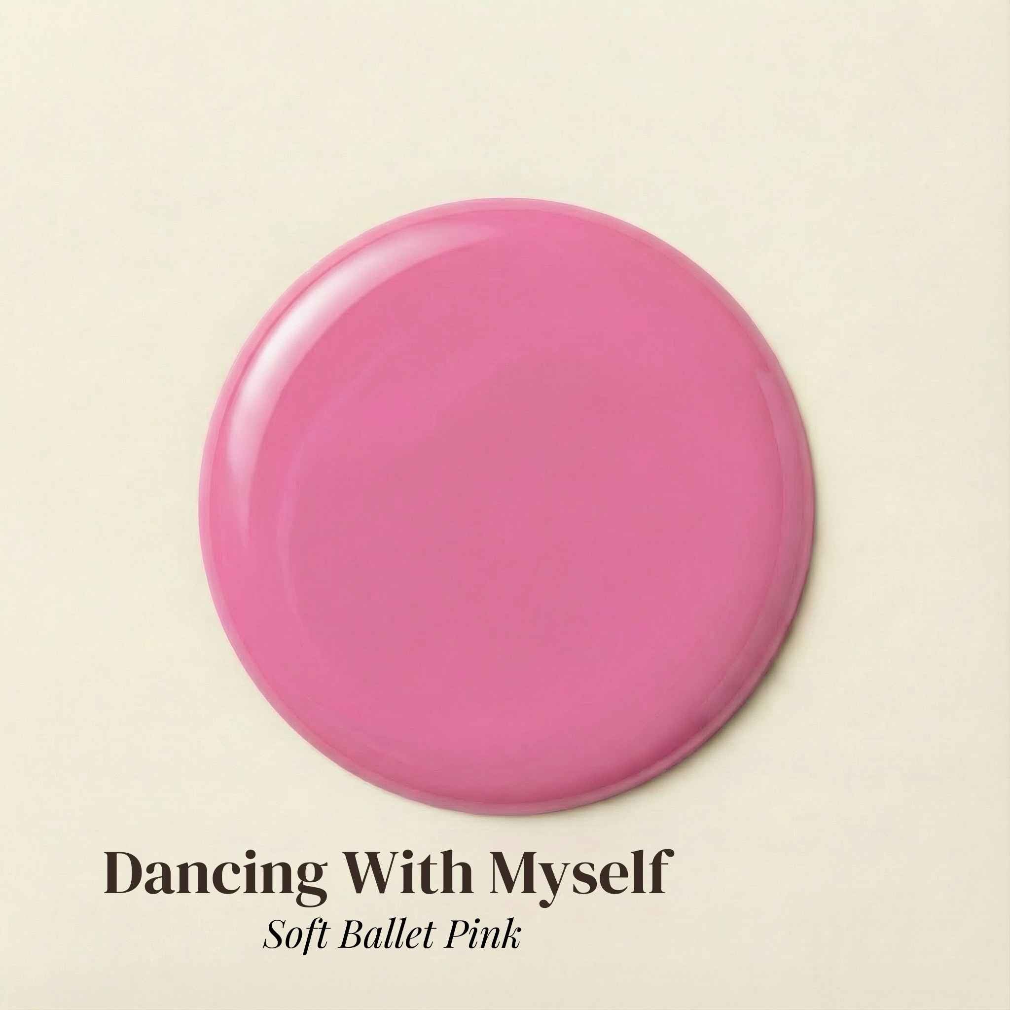 Pink color swatch with 'Dancing With Myself Soft Ballet Pink' text on a beige background