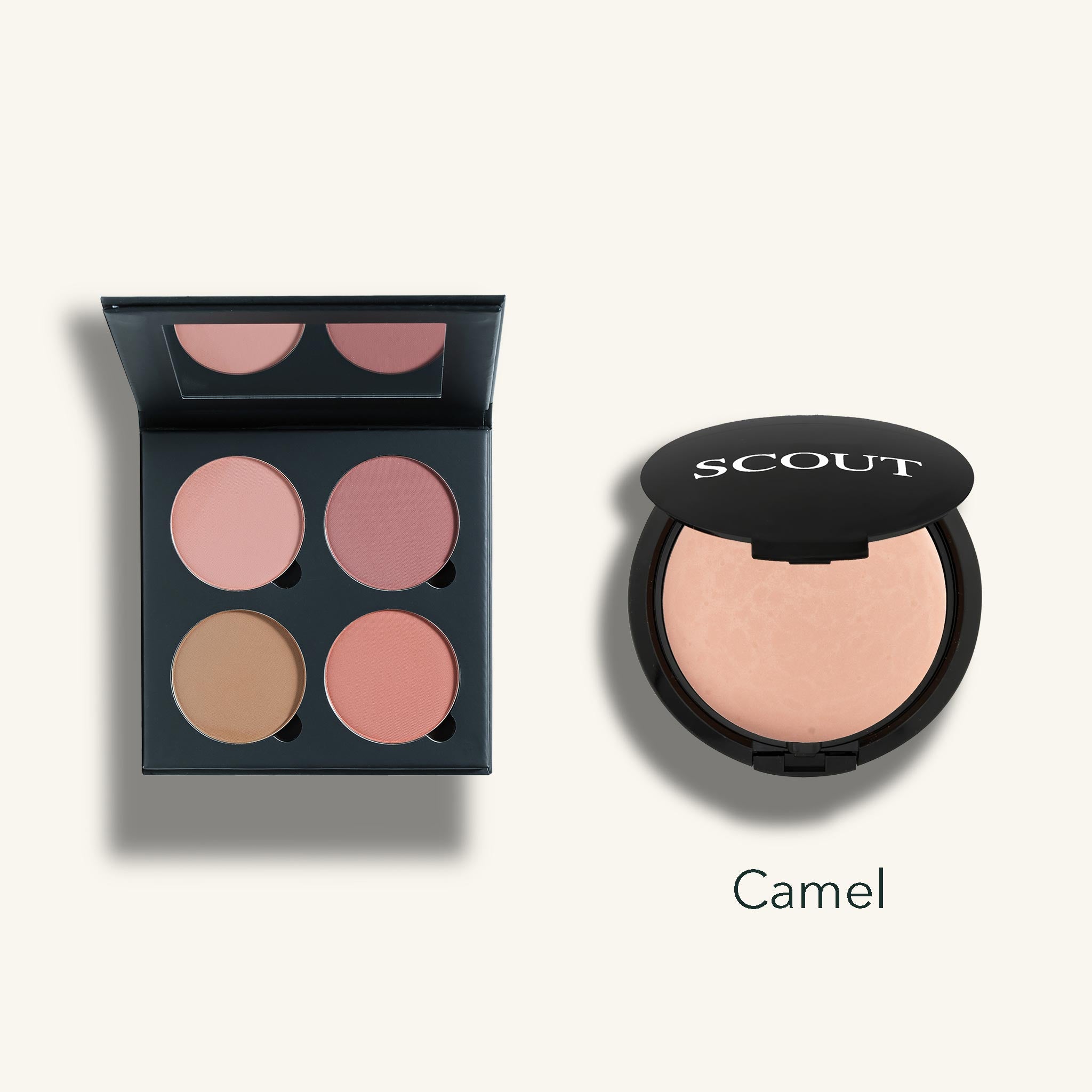 SCOUT blush palette with open case showing blush shades on a white background