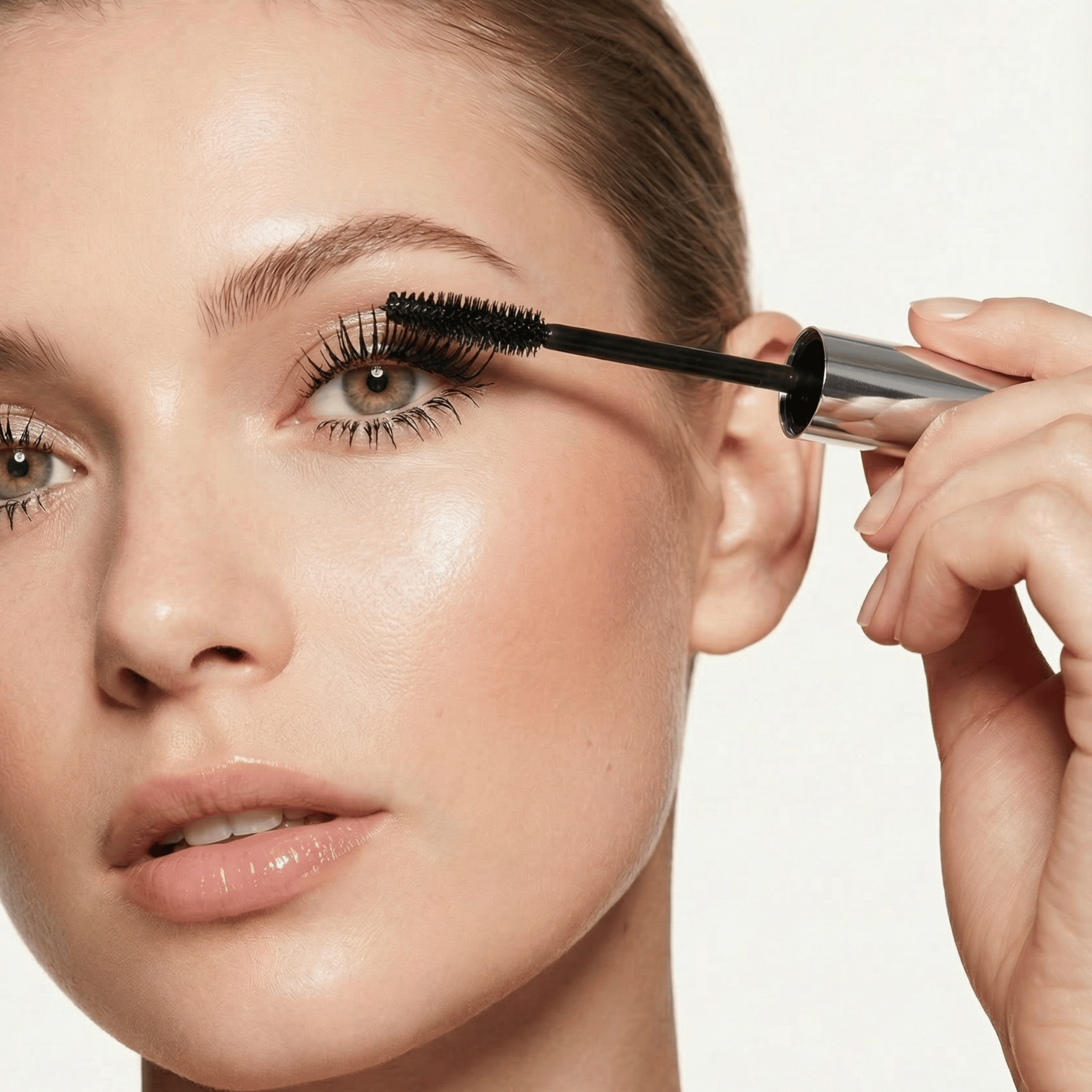 Person applying mascara to their eyelashes with a brush.