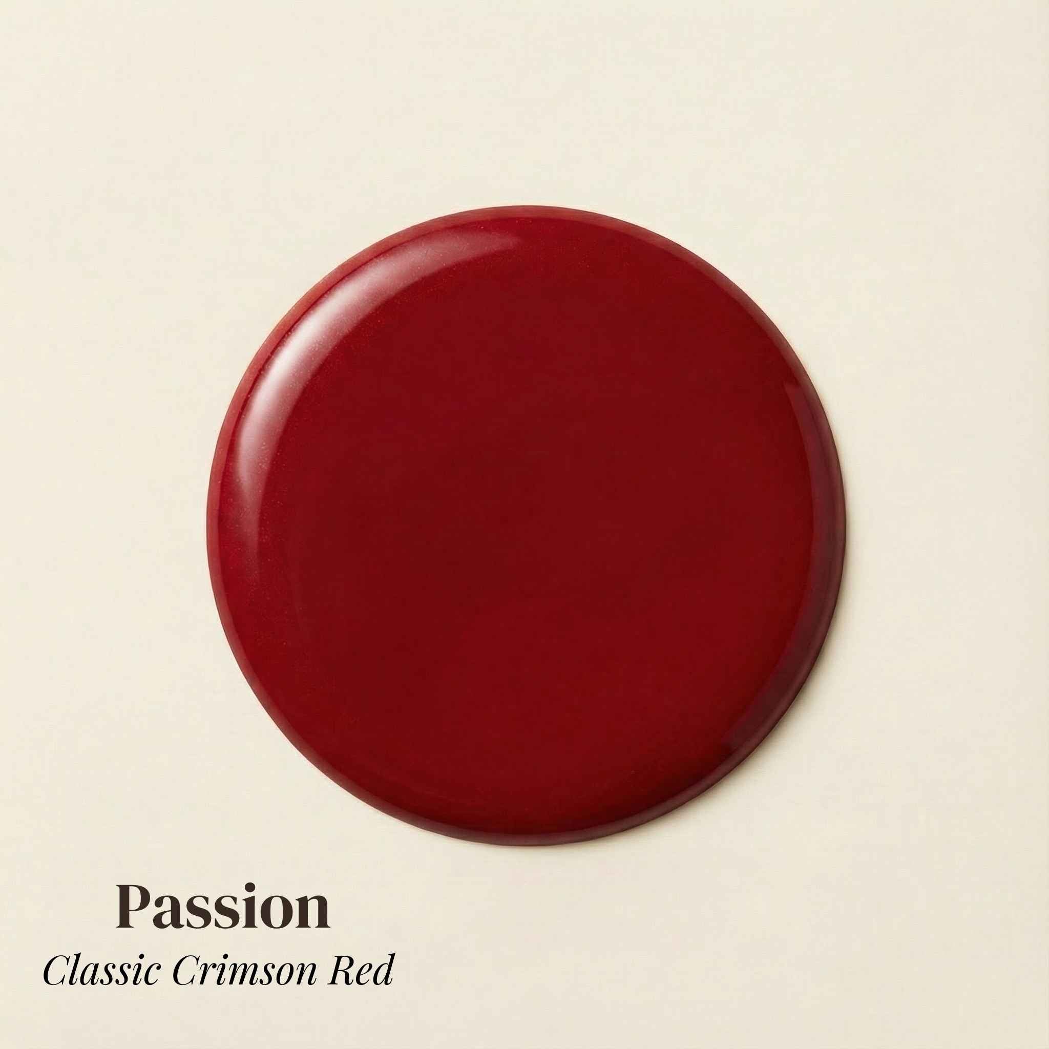 Round red object with 'Passion Classic Crimson Red' text on a beige background