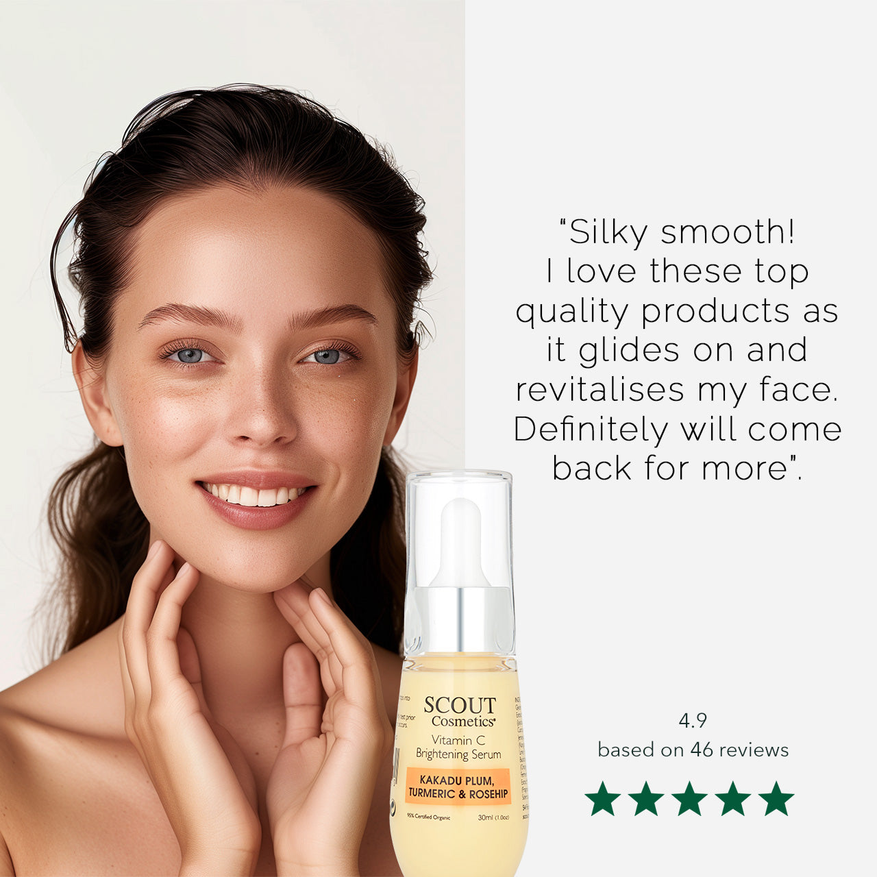 Young woman with radiant skin smiling beside SCOUT Vitamin C Brightening Serum, featuring a customer review praising its revitalising effect and five-star rating.