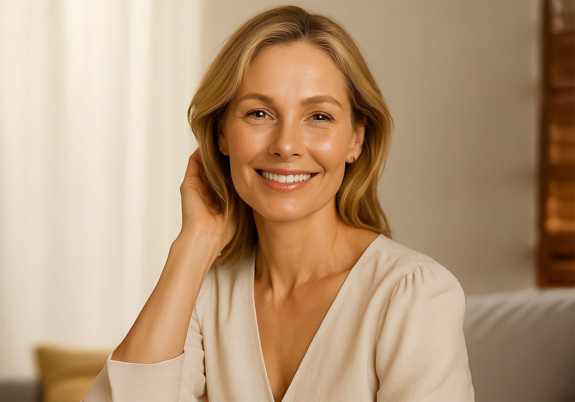 Woman in a beige top smiling in a softly lit room after using ACOUT Anti-Ageing Skincare