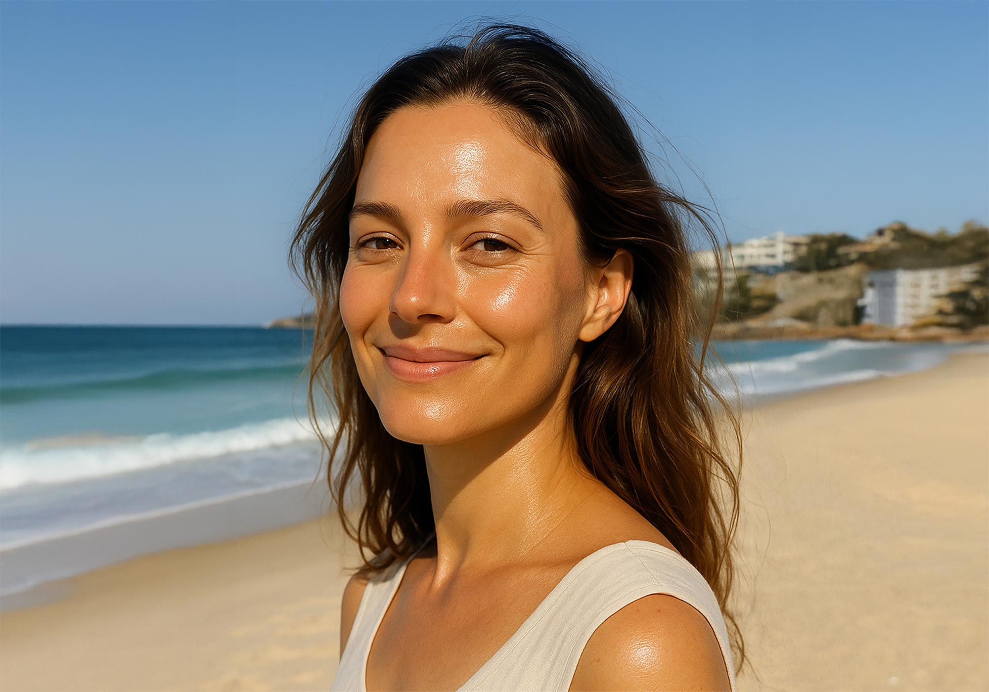 Woman standing on a beach with ocean and clear sky in the background