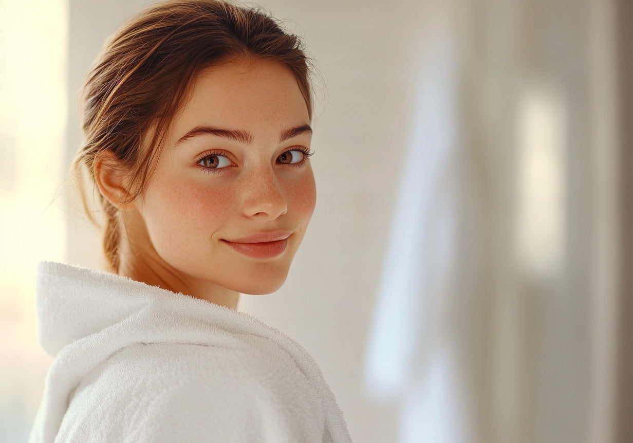 Young woman with glowing, healthy skin resting her face in her hands, representing the hydrating and balancing benefits of SCOUT Balance & Replenish Light Moisturiser.