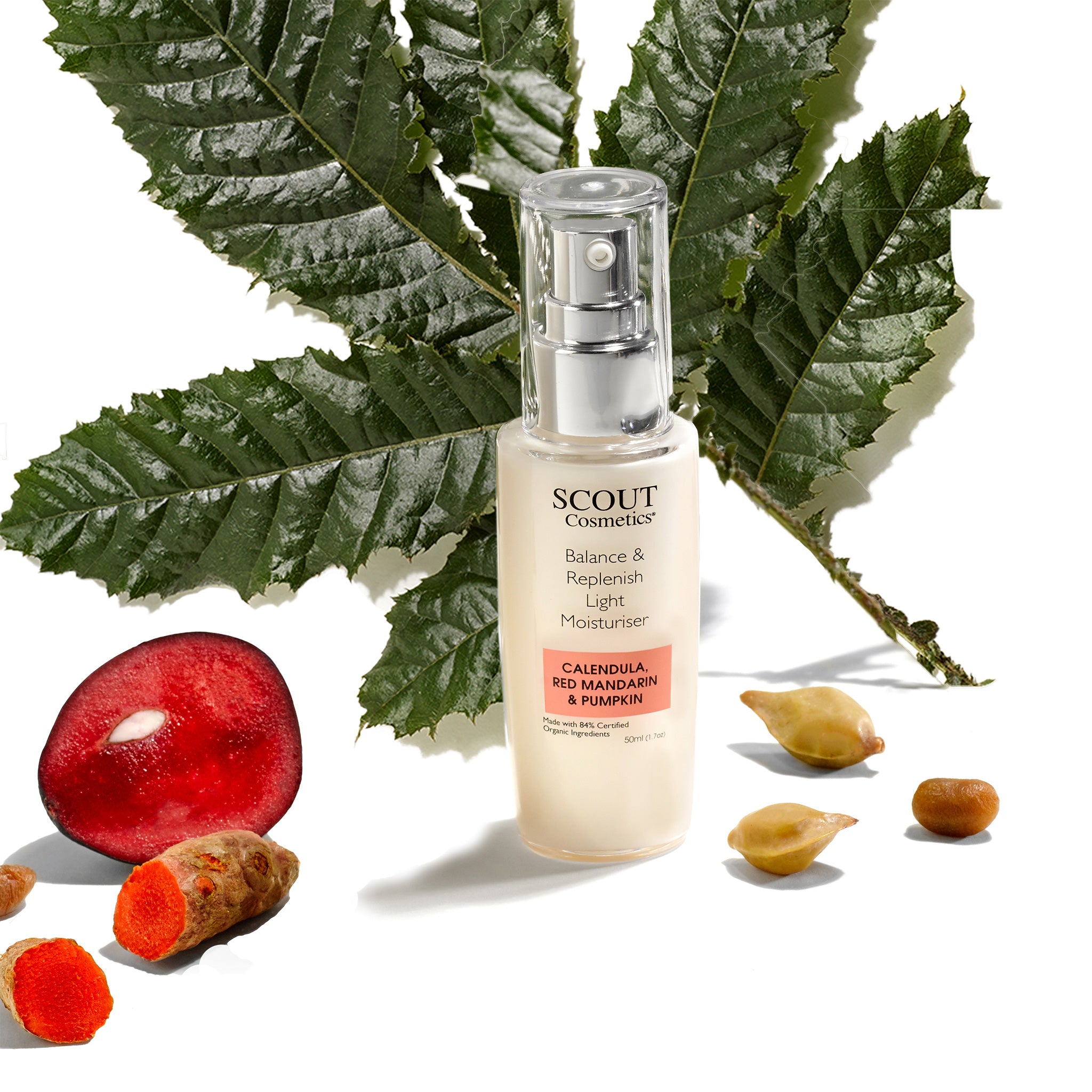 SCOUT Balance & Replenish Light Moisturiser bottle surrounded by natural ingredients including red mandarin, calendula, pumpkin, and botanical leaves, showcasing organic skincare benefits.