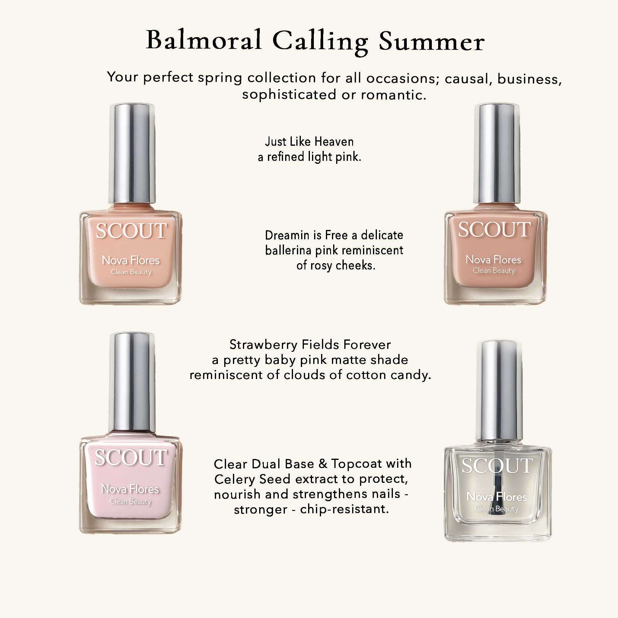 SCOUT nail polish bottles with pink shades on a white background