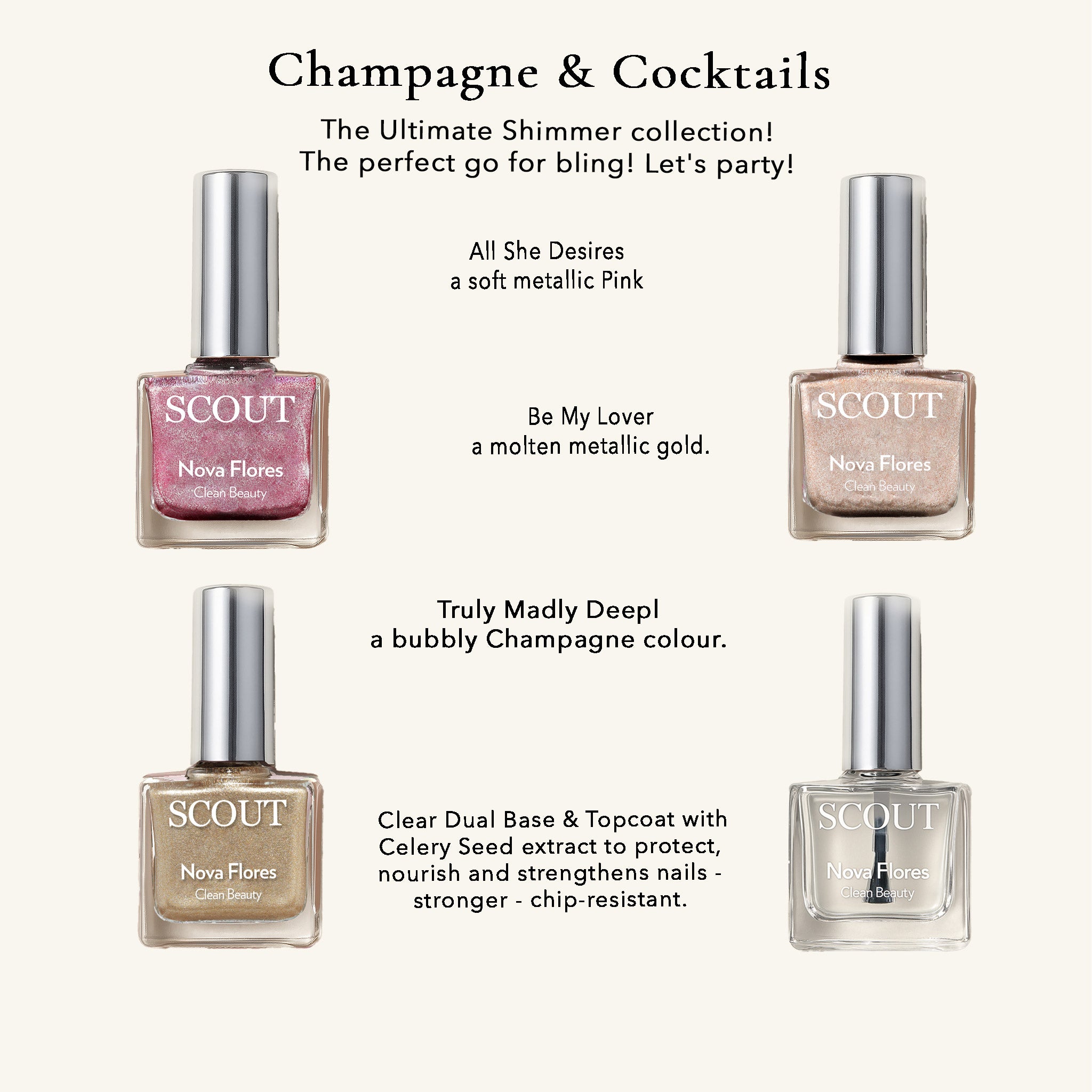 Four bottles of Scout nail polish with product names and descriptions on a white background.