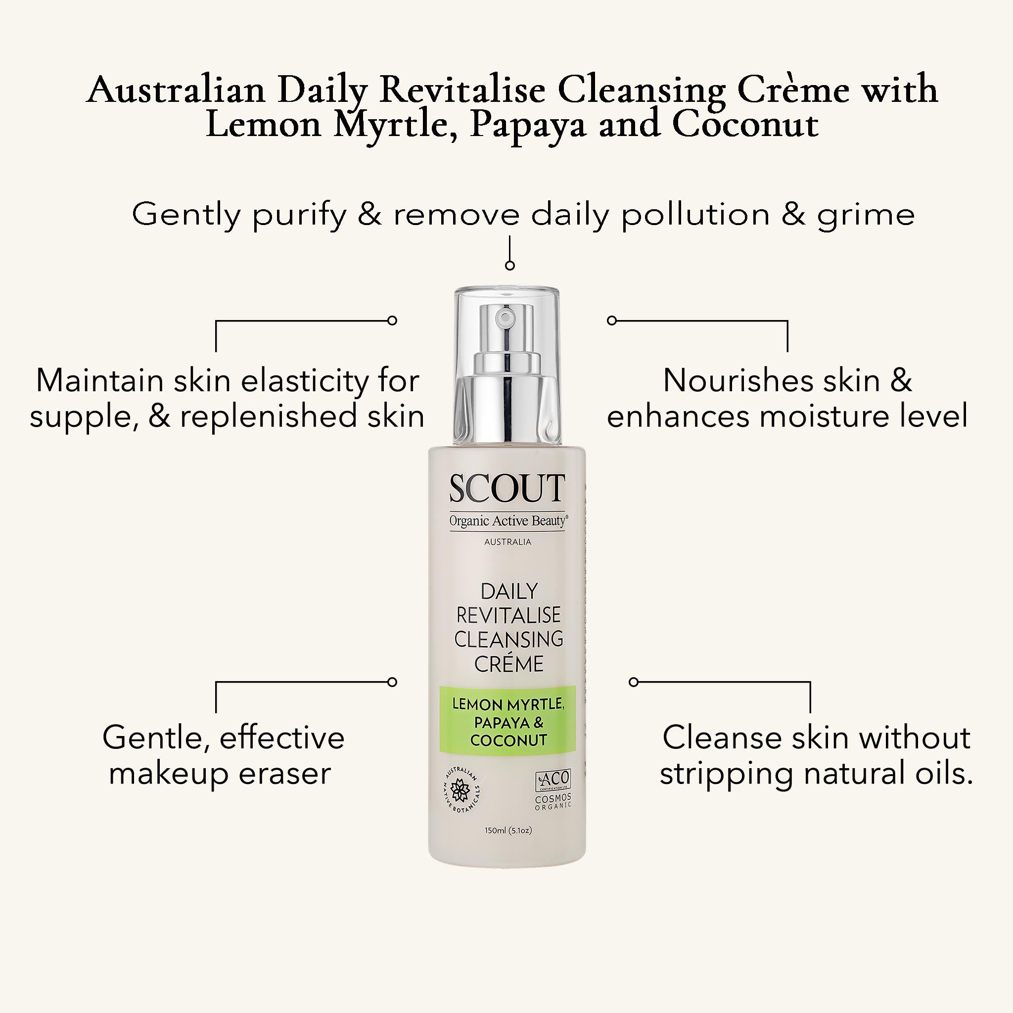 SCOUT Daily Revitalise Cleansing Crème bottle with text highlighting its benefits on a white background
