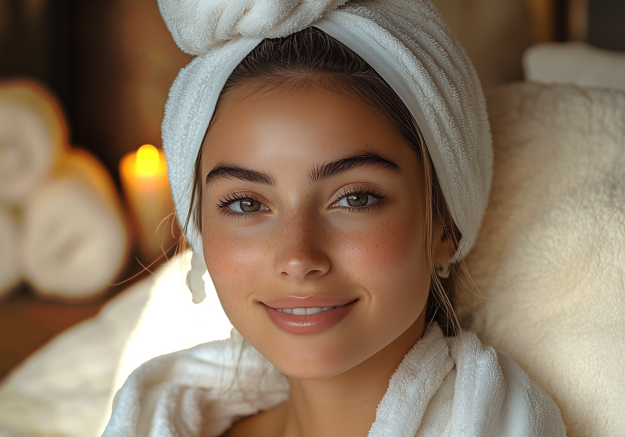 Young woman with fresh, glowing skin wrapped in a white towel and robe, embodying the results of SCOUT Daily Revitalise Cleansing Crème for healthy, radiant skin