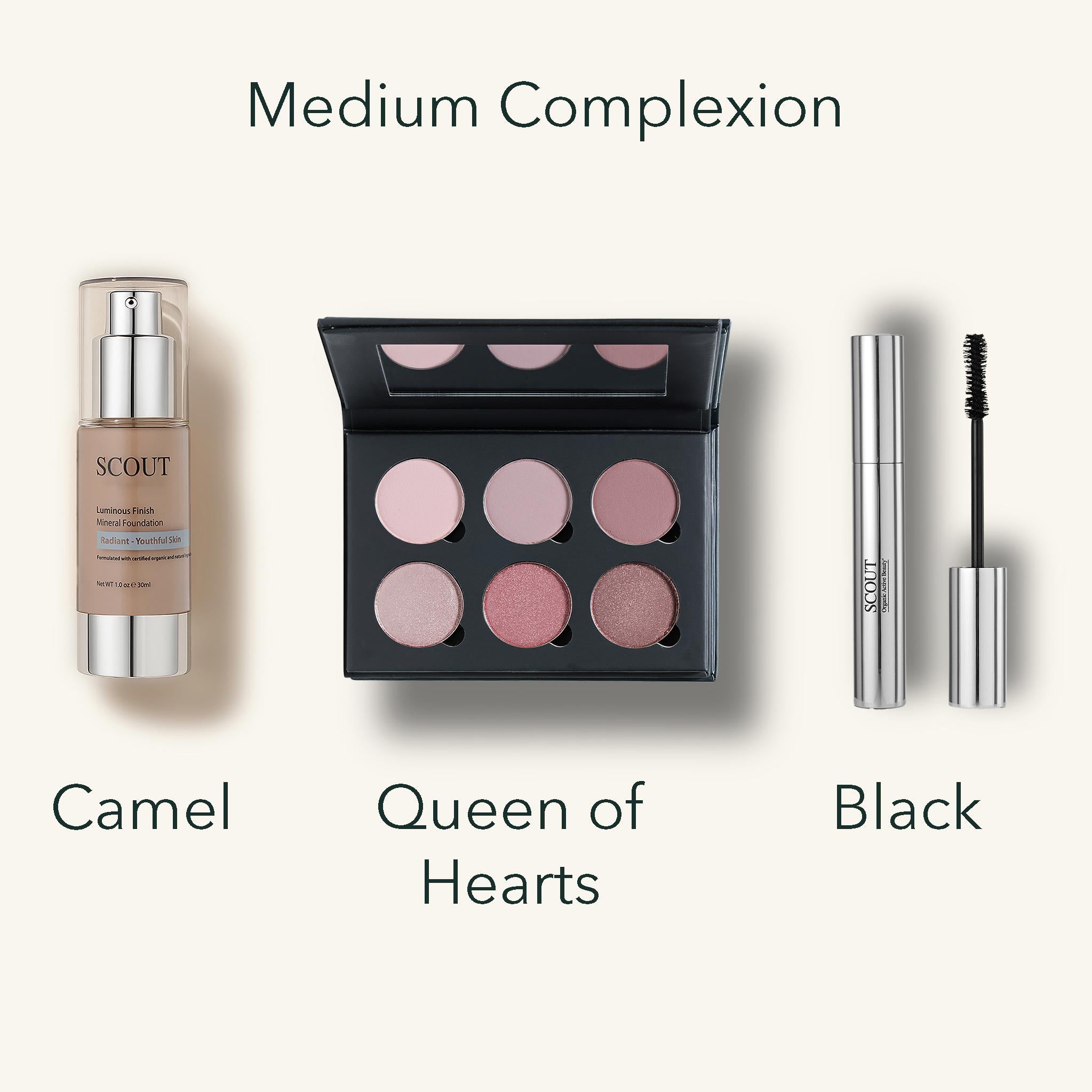 Makeup products with color swatches labeled for medium complexion, including a bottle, palette, and mascara.
