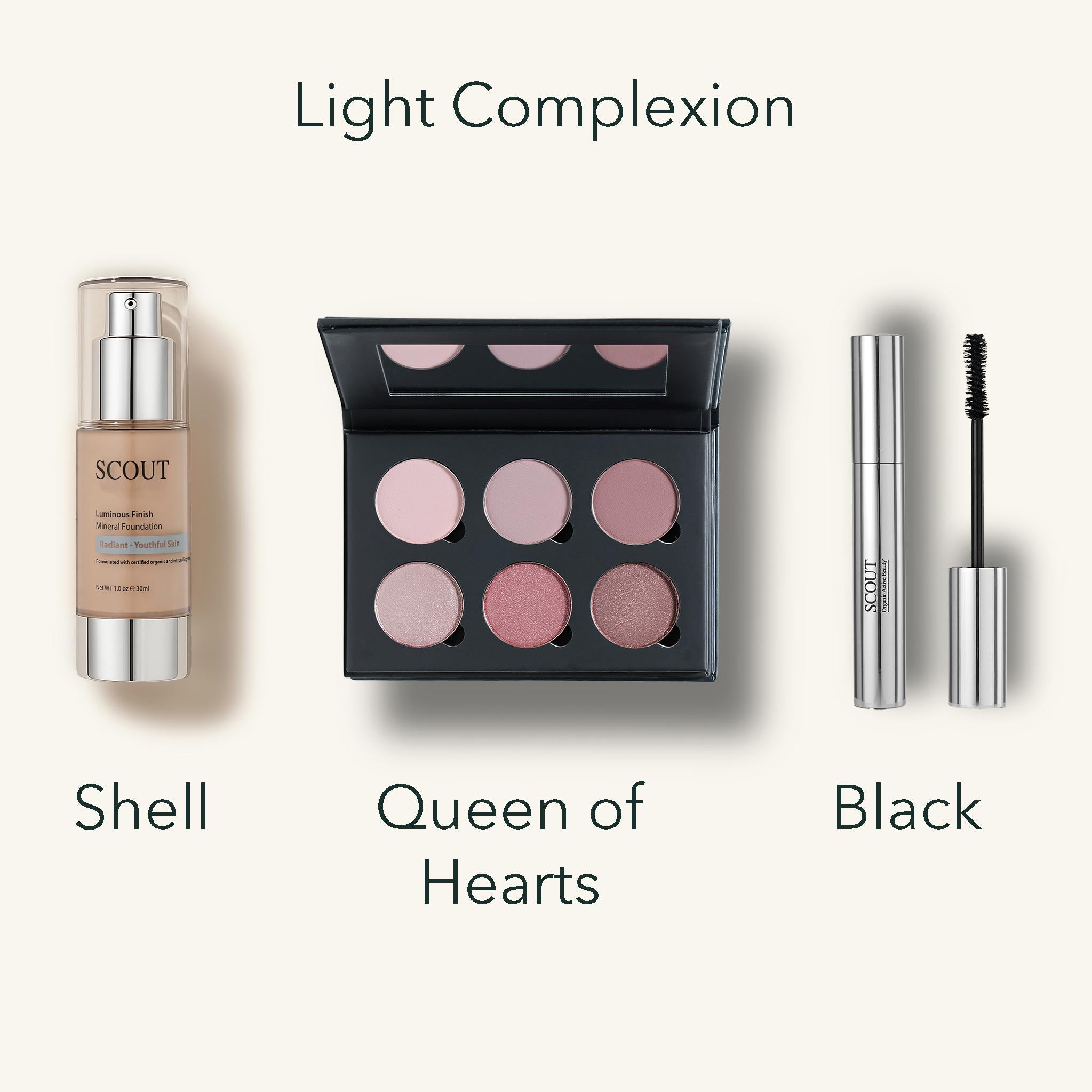 Makeup products including a serum, palette, and mascara with color swatches labeled 'Shell', 'Queen of Hearts', and 'Black' on a light background.
