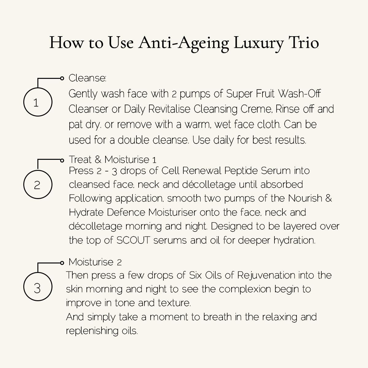 Instructions on how to use an anti-ageing luxury trio with text and icons.