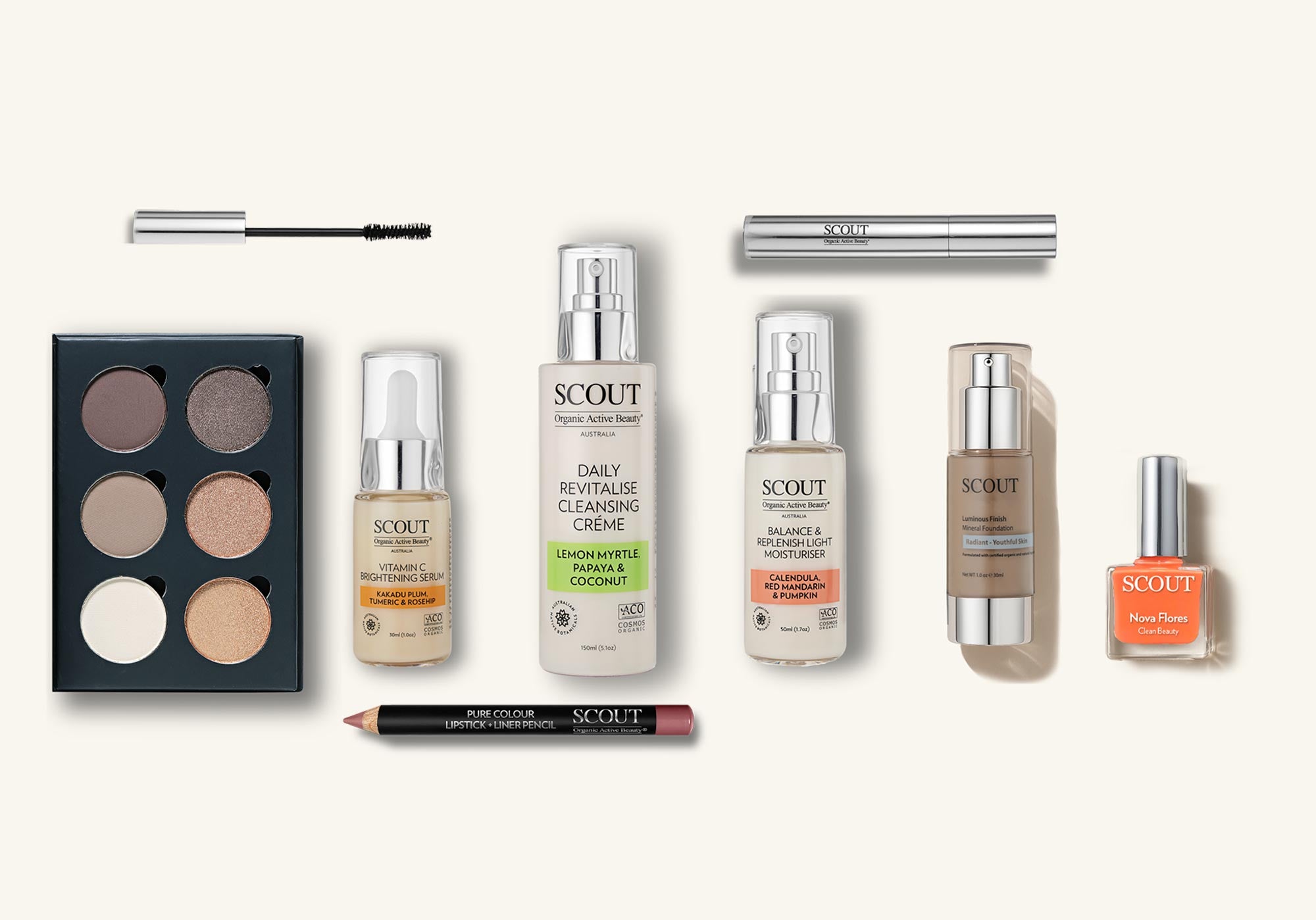 Collection of Scout skincare and makeup products on a white background