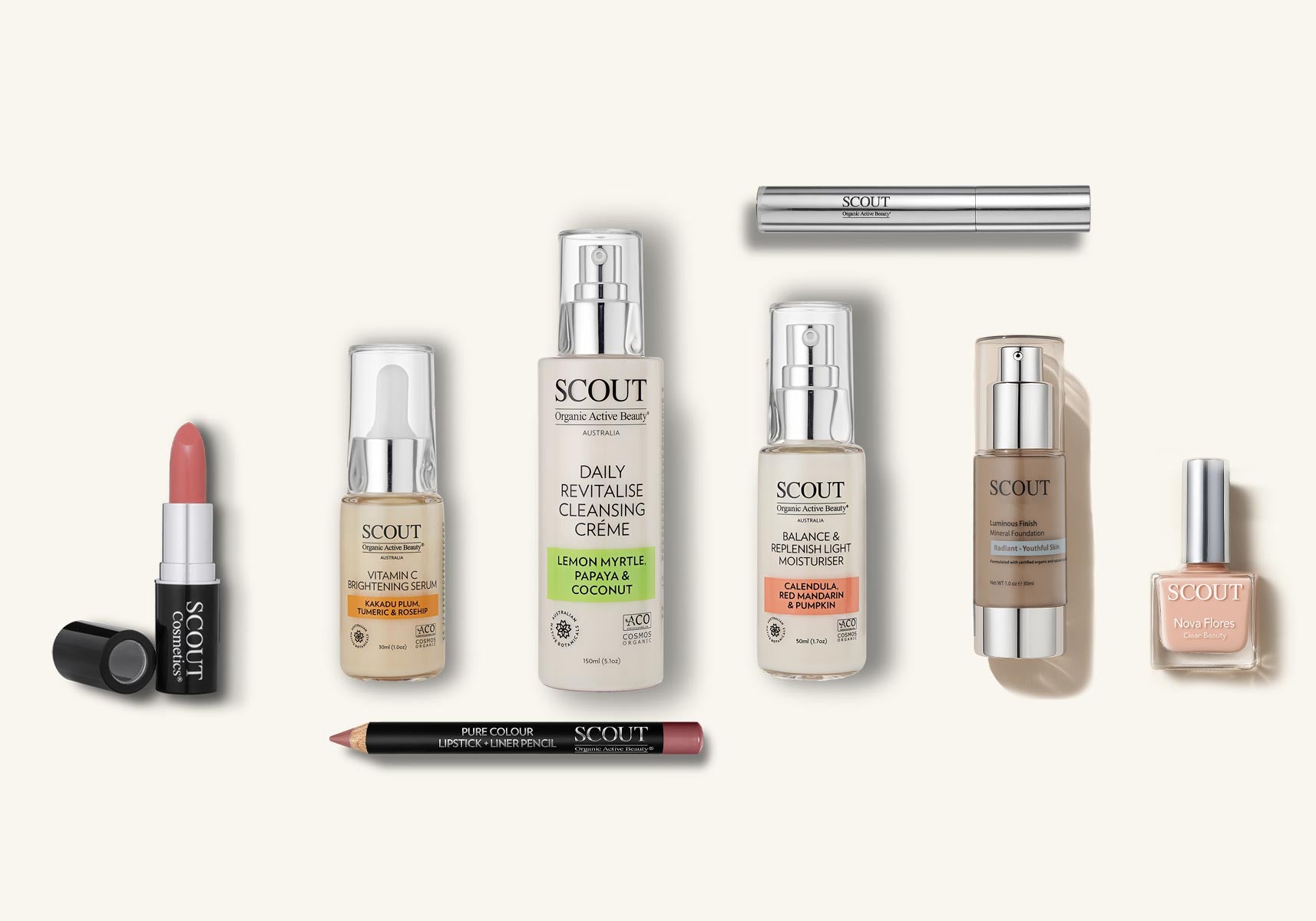 Collection of Scout skincare and makeup products on a white background