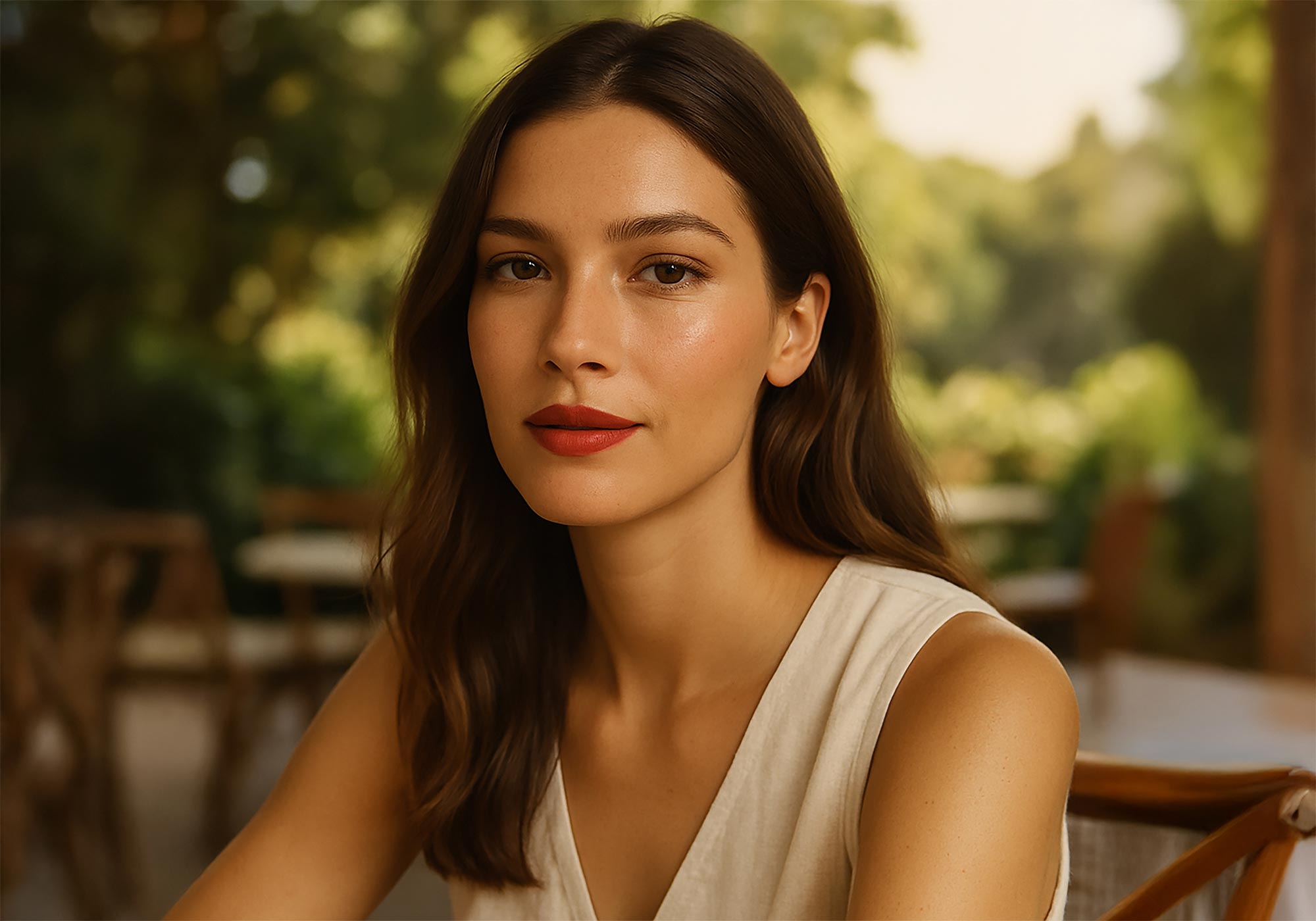 Woman with red lipstick sitting outdoors with a blurred background