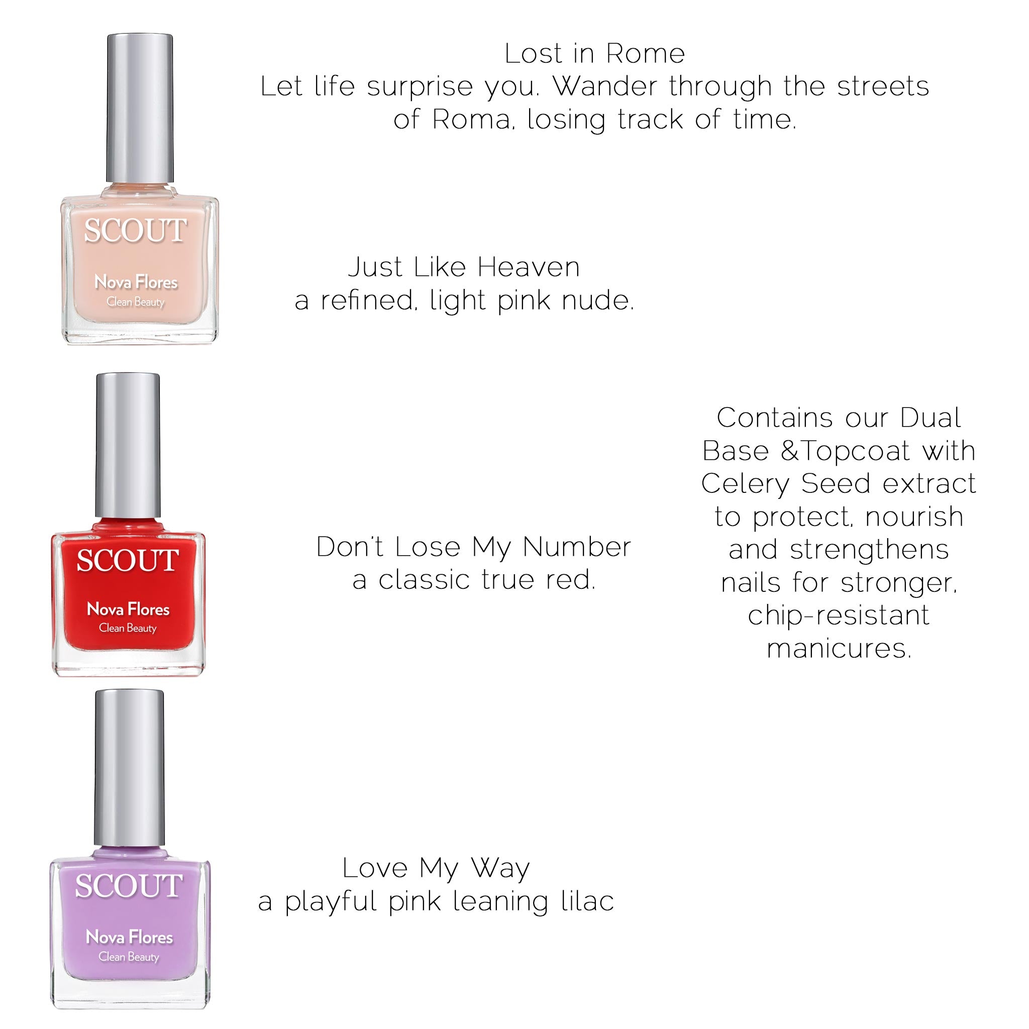 breathable nail polish kit with three shades and clear base & top coat