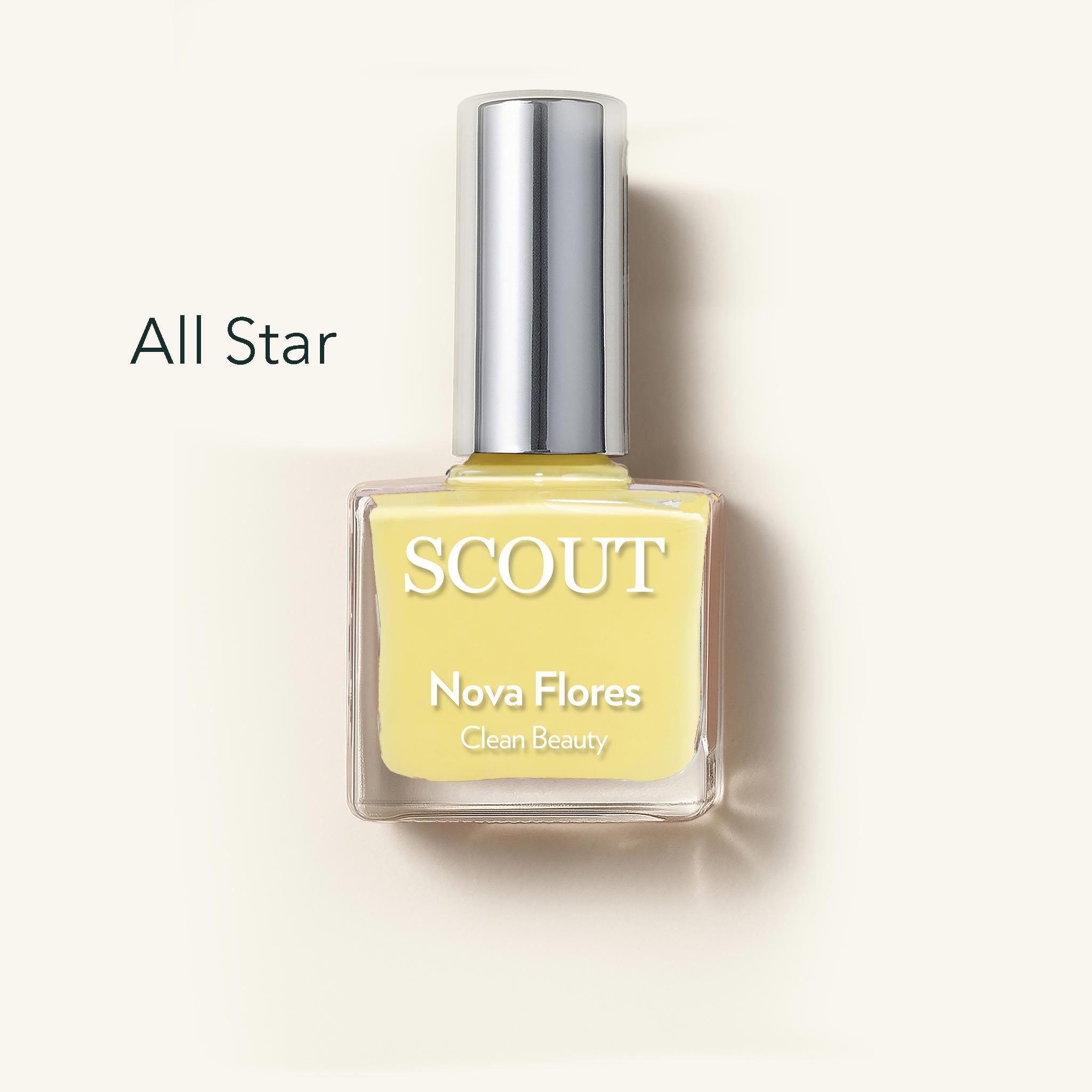 Yellow nail polish bottle with silver cap labeled 'SCOUT Nova Flores' on a light beige background.
