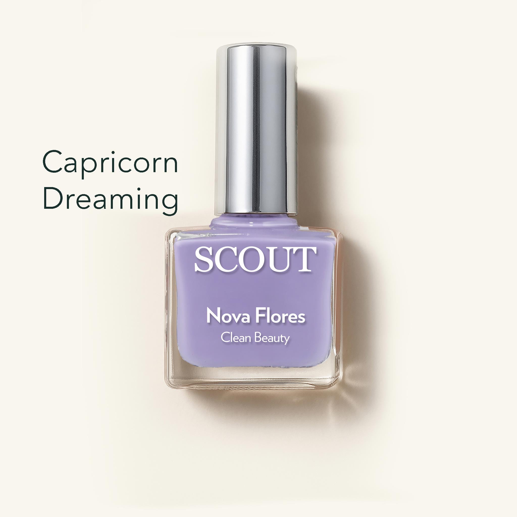Nail polish bottle labeled 'SCOUT Nova Flores' with 'Capricorn Dreaming' color on a light background