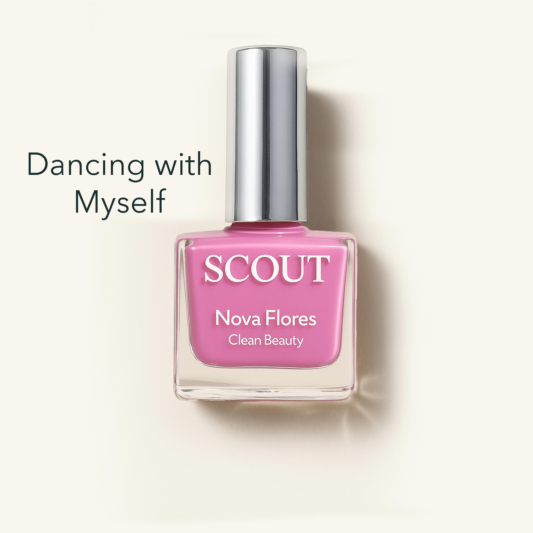 Pink nail polish bottle with silver cap on a light beige background, featuring the brand 'SCOUT'.