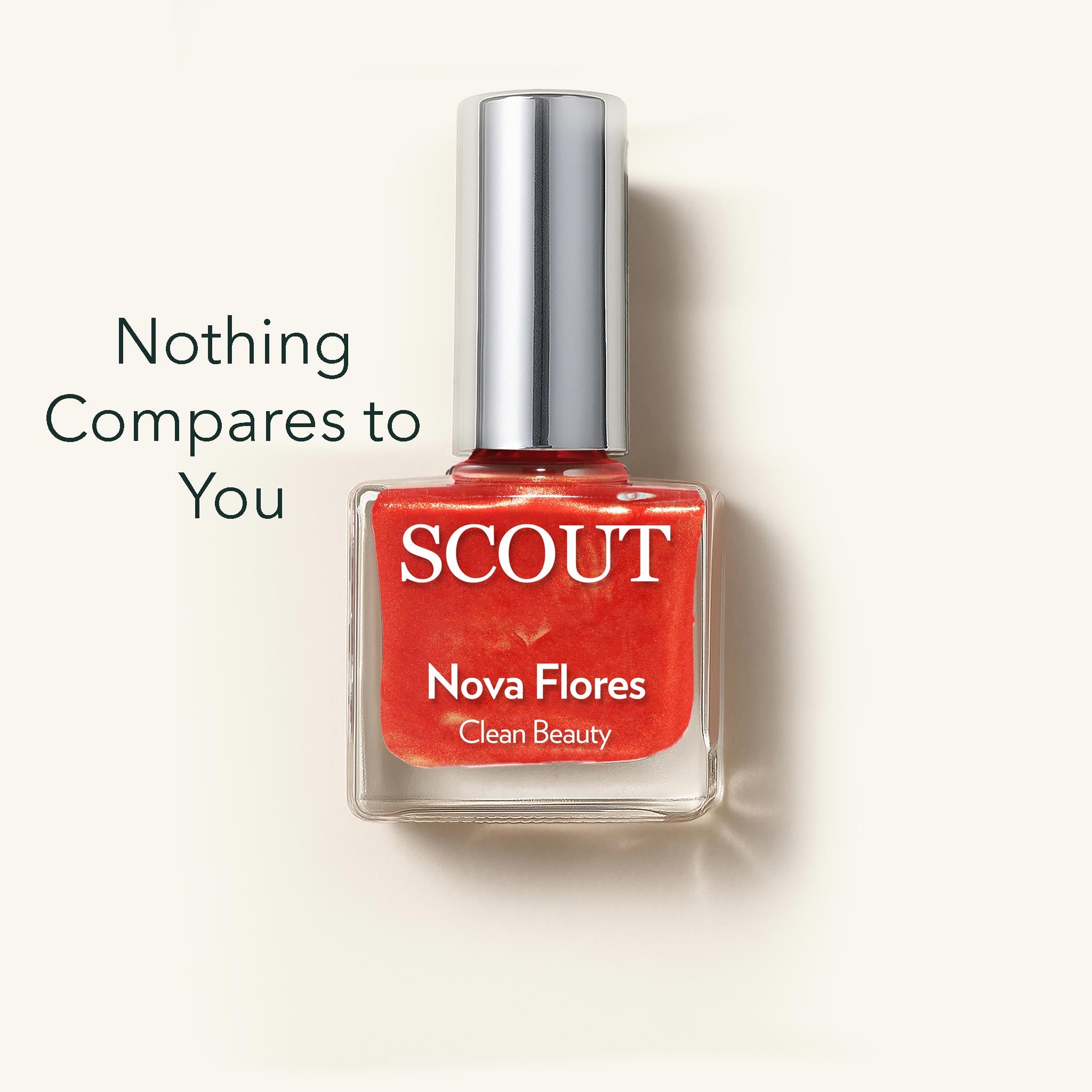 Red nail polish bottle with silver cap on a white background, featuring the brand 'SCOUT'.