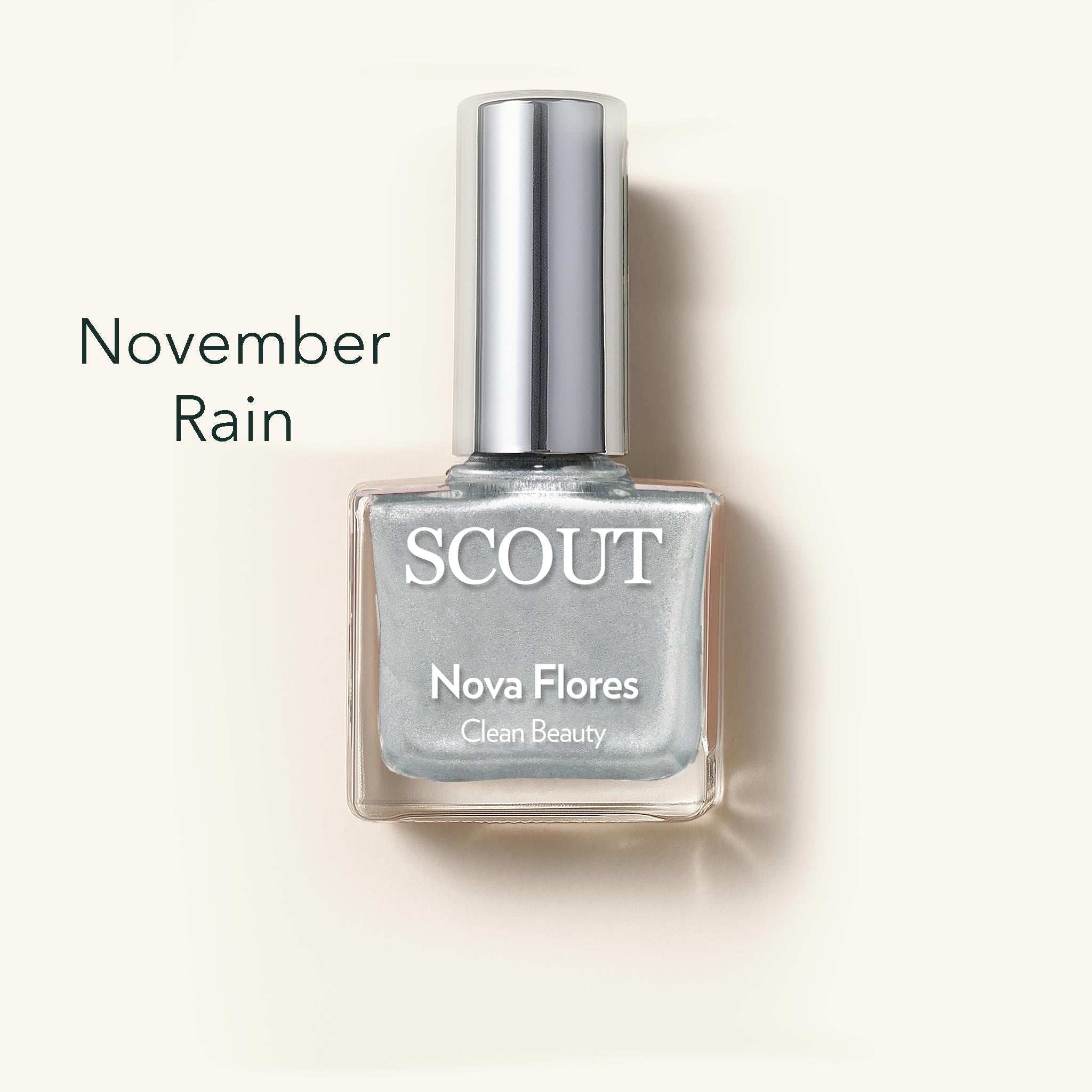 SCOUT nail polish bottle labeled 'November Rain' on a light background