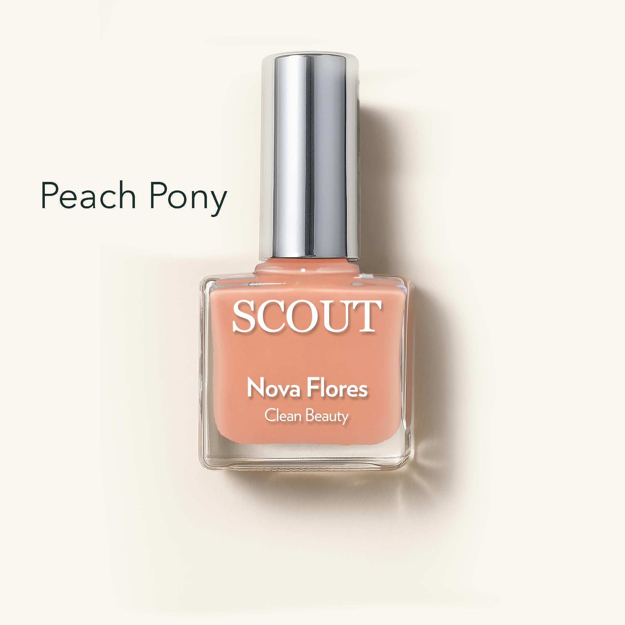 SCOUT nail polish bottle with 'Peach Pony' color on a light background