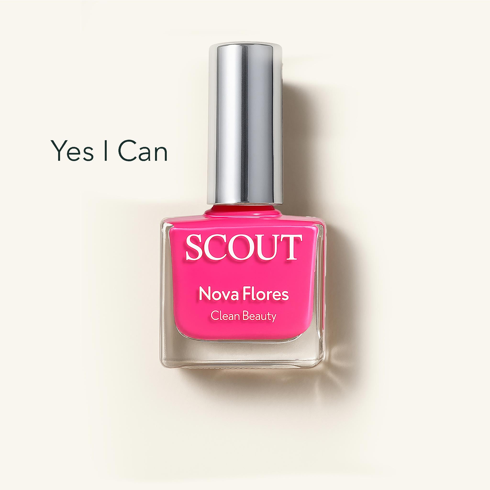 Pink nail polish bottle with silver cap on a light beige background, featuring the brand 'SCOUT'.