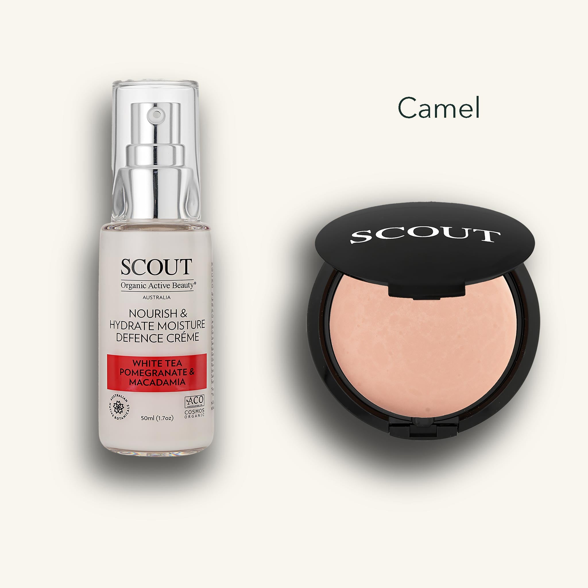 SCOUT skincare products on a light gray background