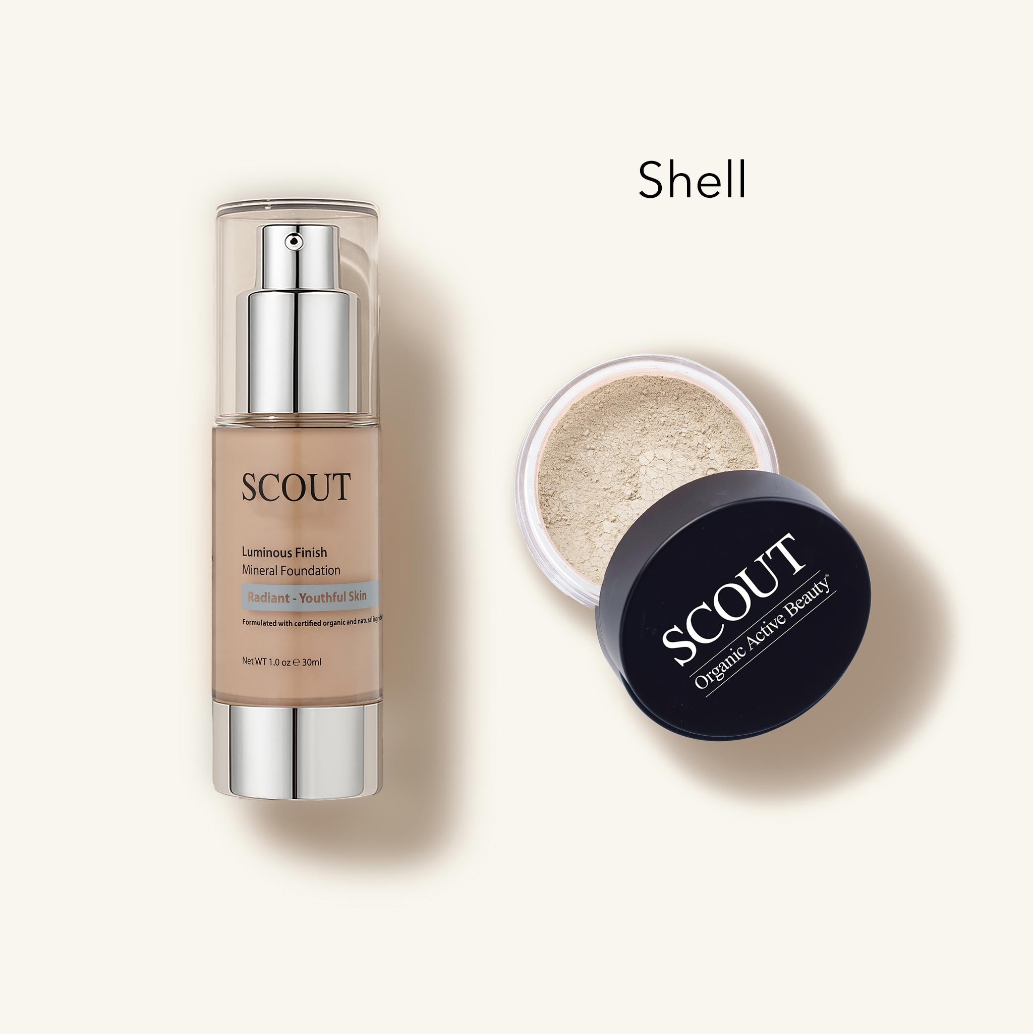 SCOUT Luminous Finish Natural Foundation and loose powder on a white background