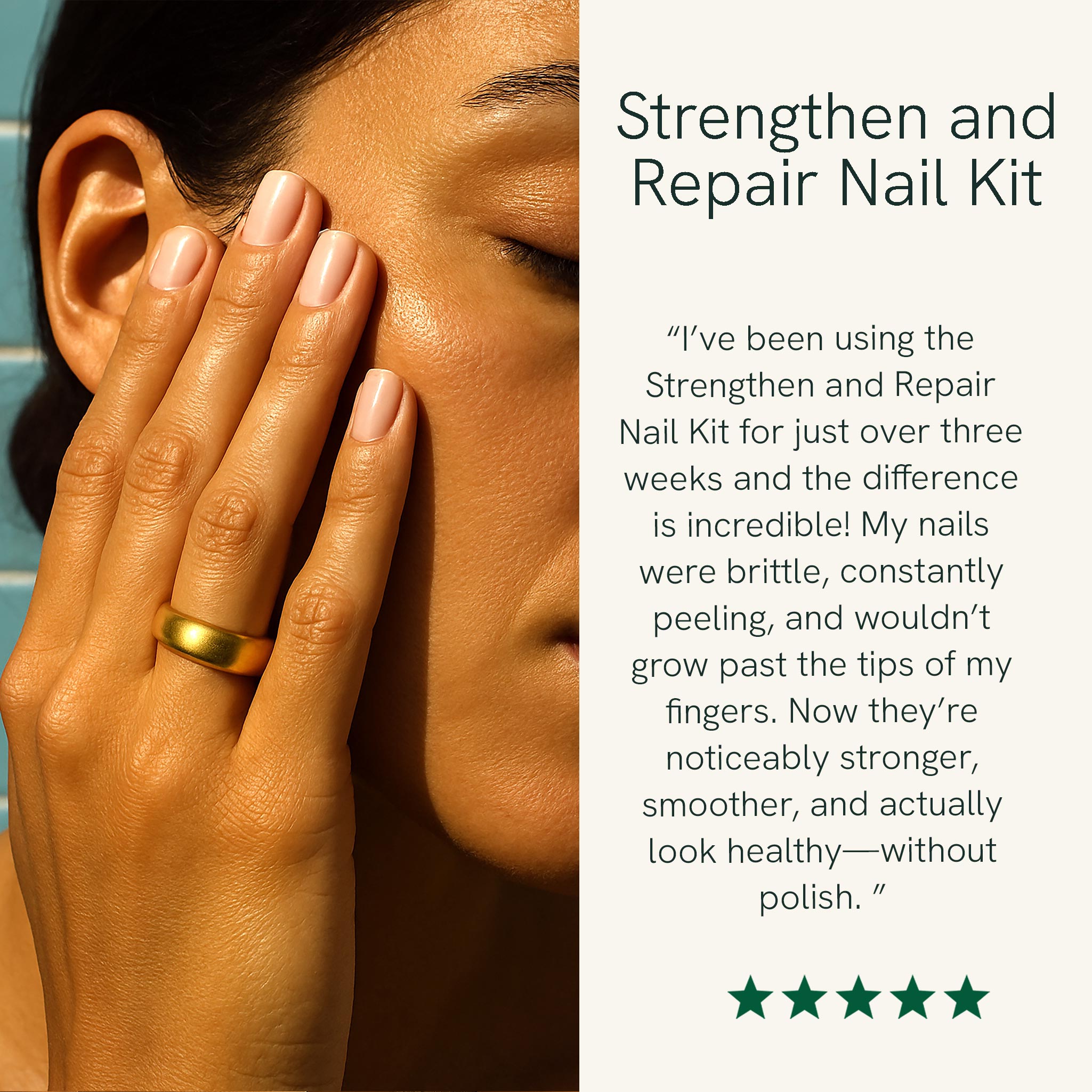 Woman's hand with a gold ring holding her face, next to text about a nail repair kit.