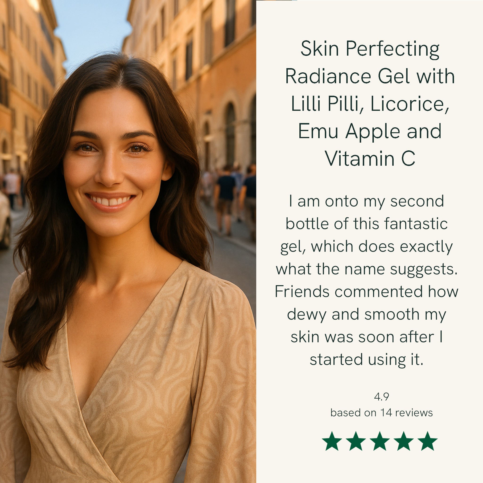 Woman on a street with text about a skin perfecting radiance gel