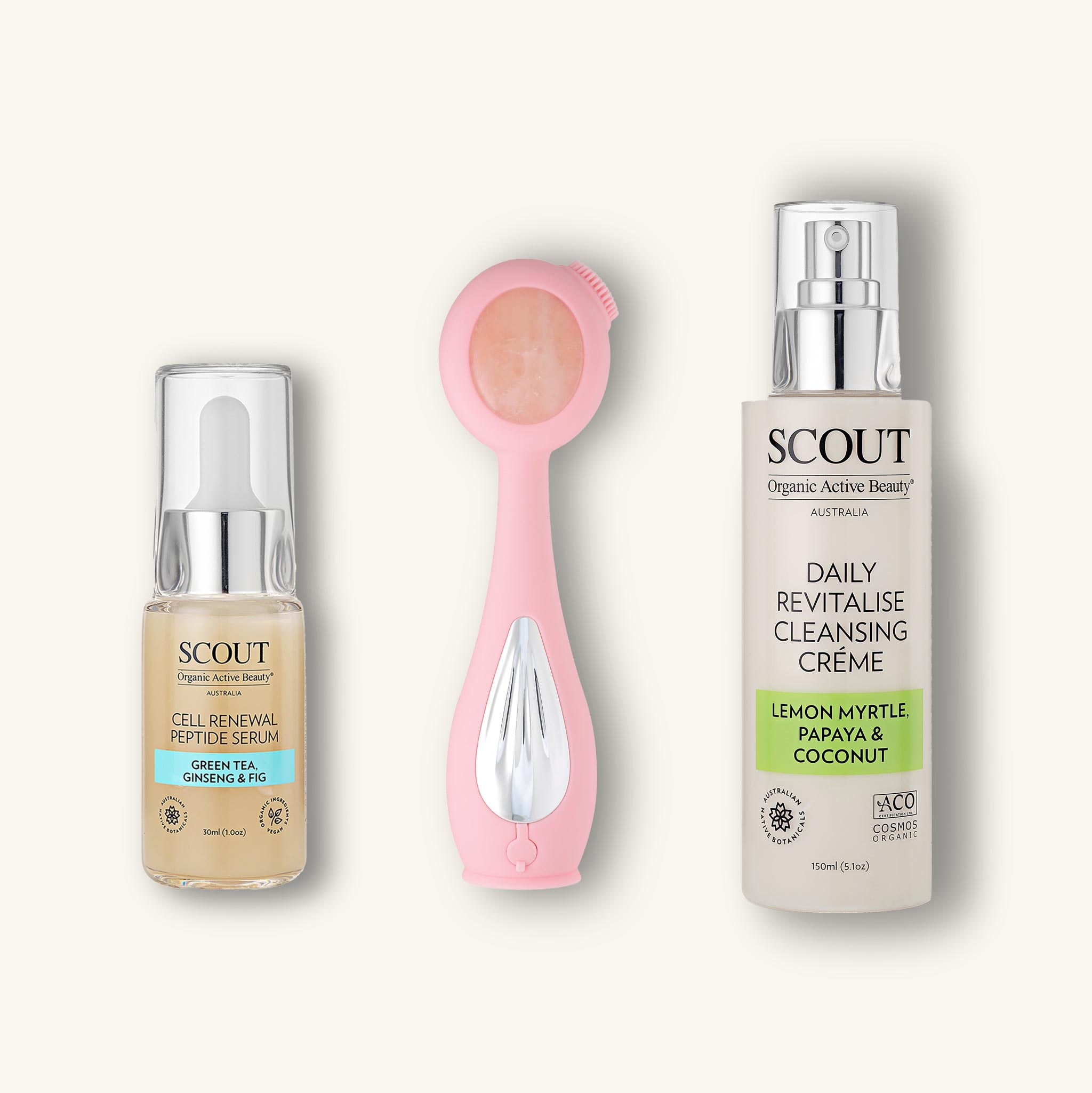 Three skincare products from the brand 'SCOUT' on a light gray background.