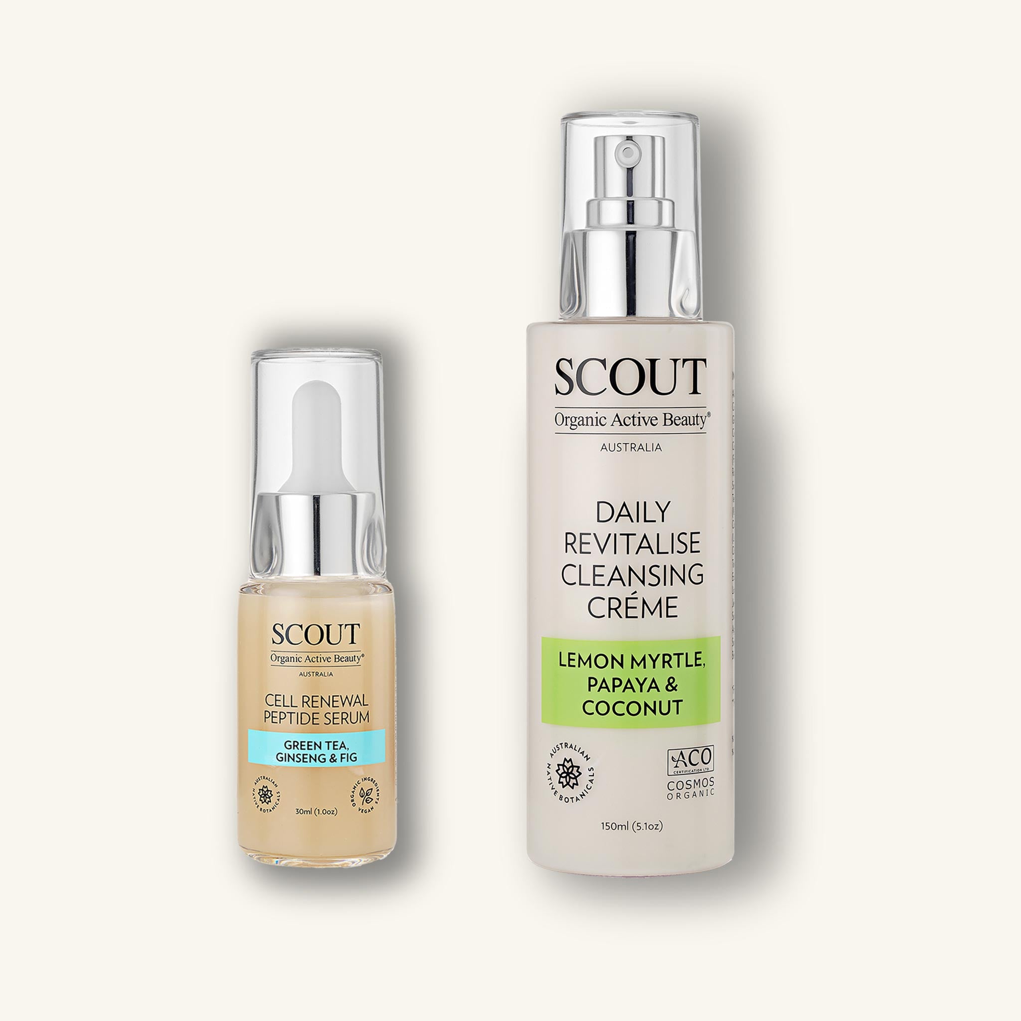 Two skincare products, 'Daily Revitalise Cleansing Crème' and 'Cell Renewal Peptide Serum', with white and green packaging, displayed on a white background.