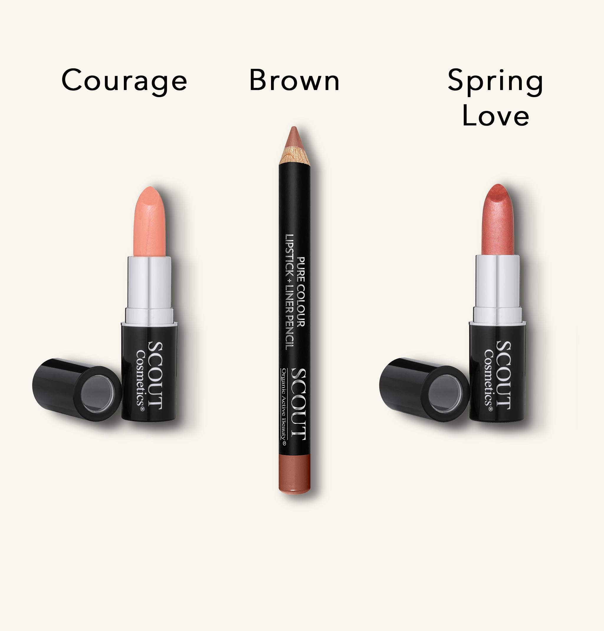 Three lip products labeled 'Courage', 'Brown', and 'Spring Love' with Scout Cosmetics branding.