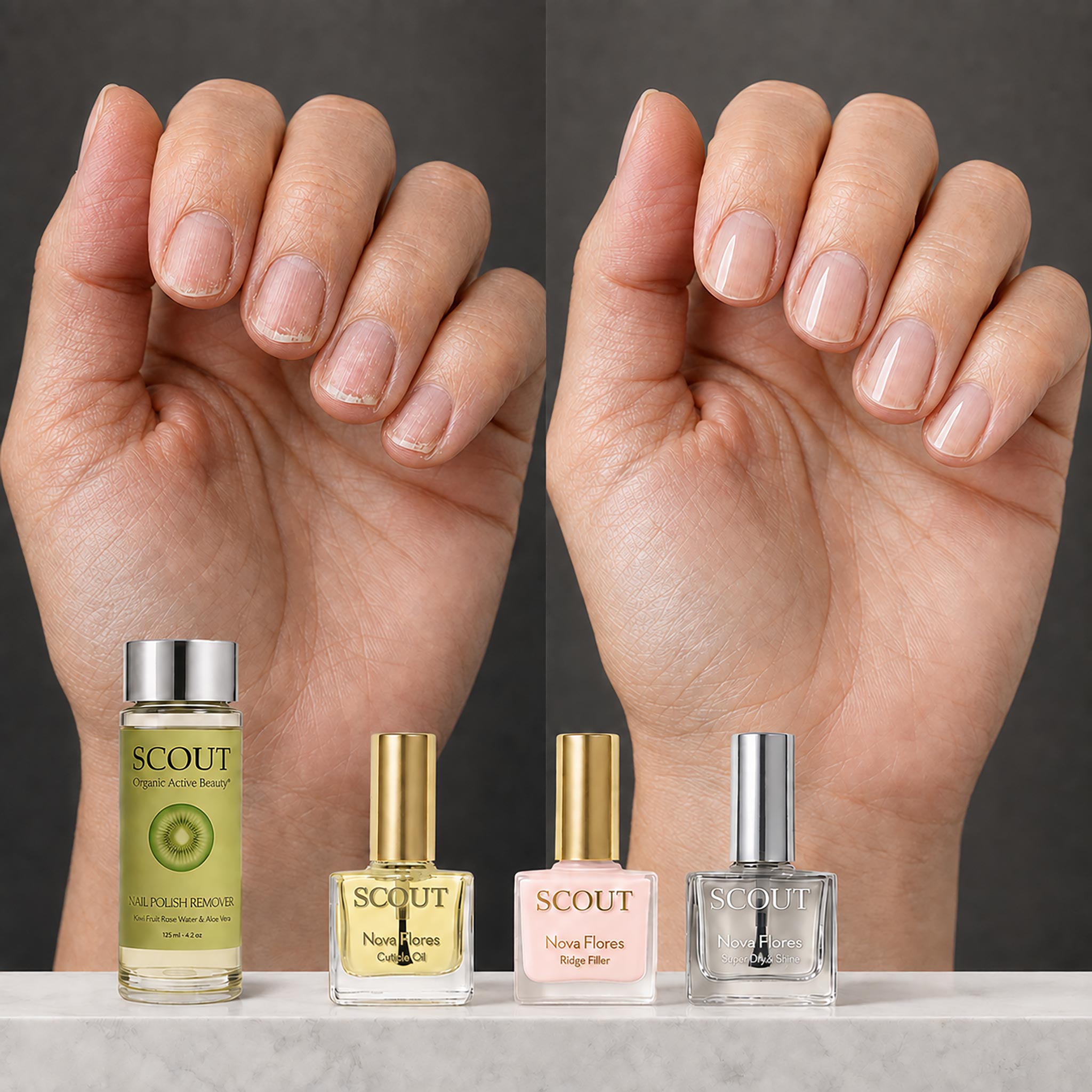 SCOUT Complete Nail Treatment Kit contents: nail polish remover, ridge filler, cuticle oil and Super Dry & Shine top coat