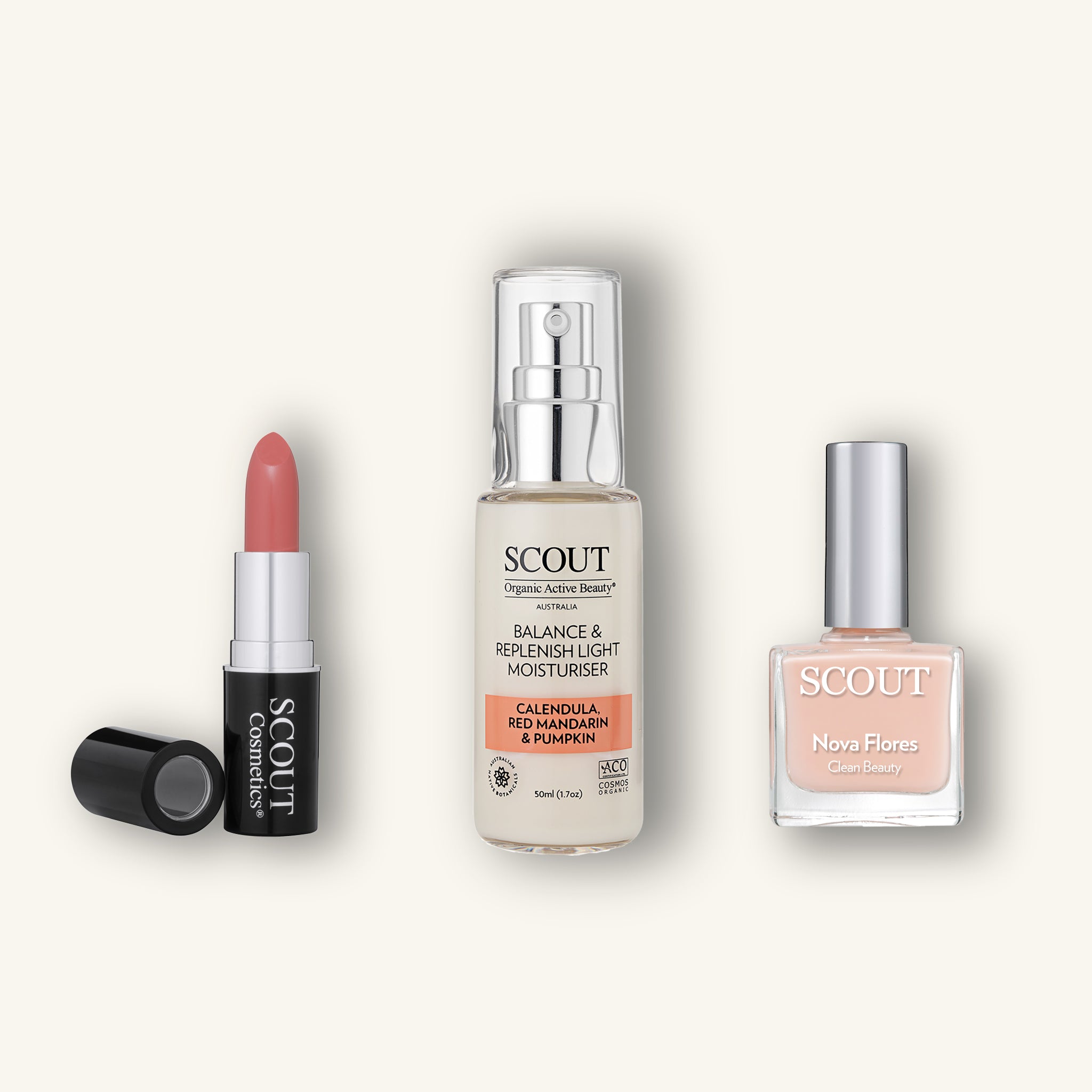 Australian Pure Beauty Kit featuring natural lipstick, organic moisturiser, and nude nail polish for a clean beauty routine.