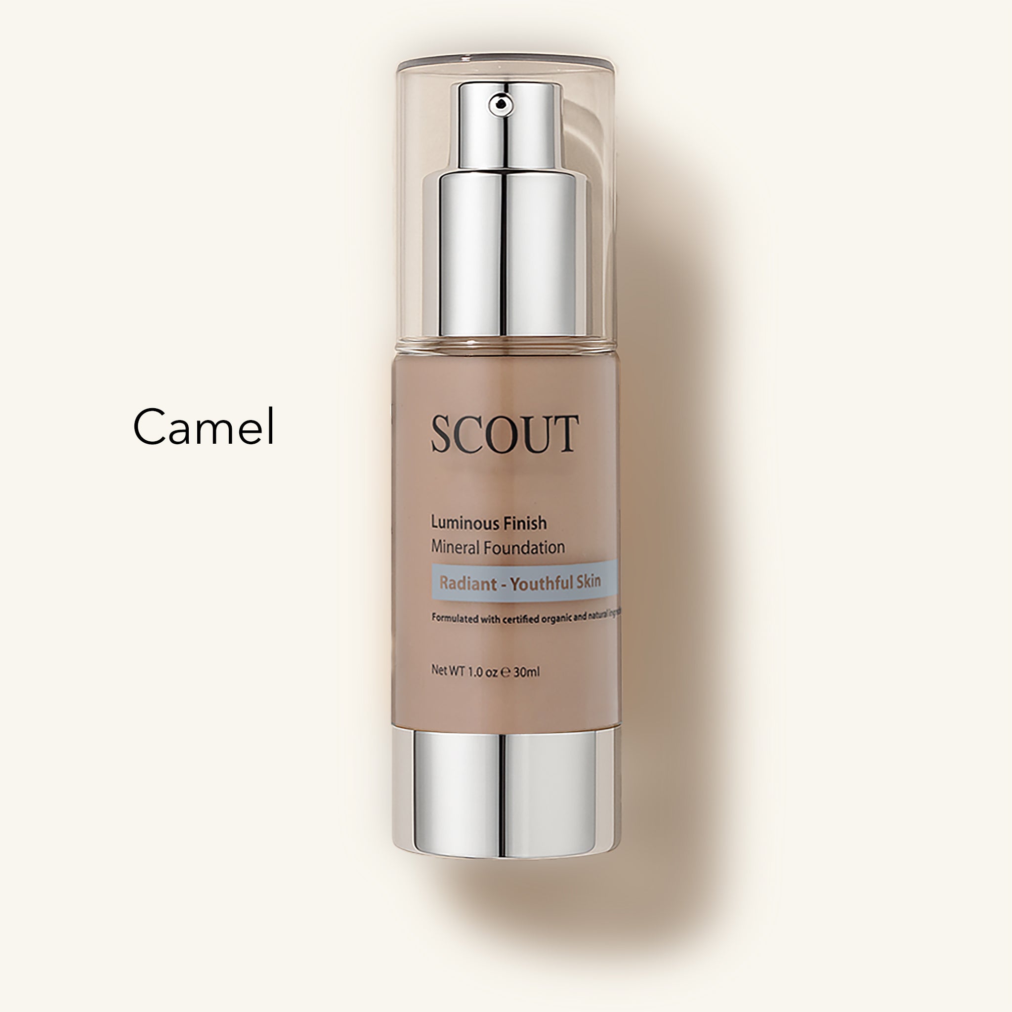 SCOUT Organic Healthy Glow Fluid Foundation bottle with 'Camel' shade on a white background