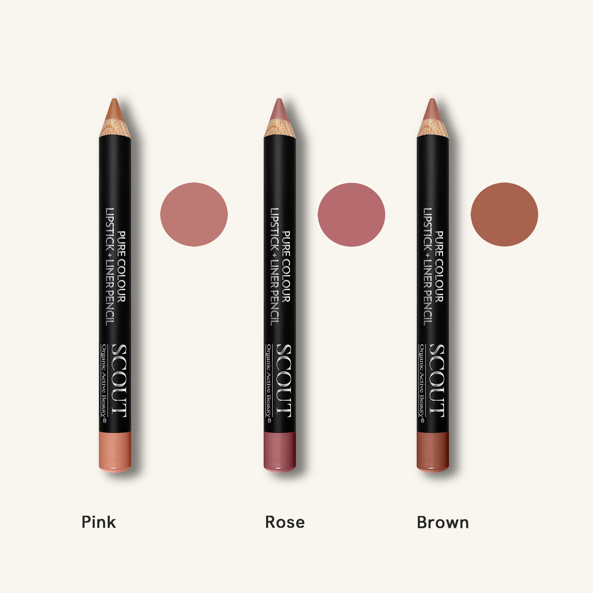 Three lip pencil crayons with shades labeled Pink, Rose, and Brown on a white background.