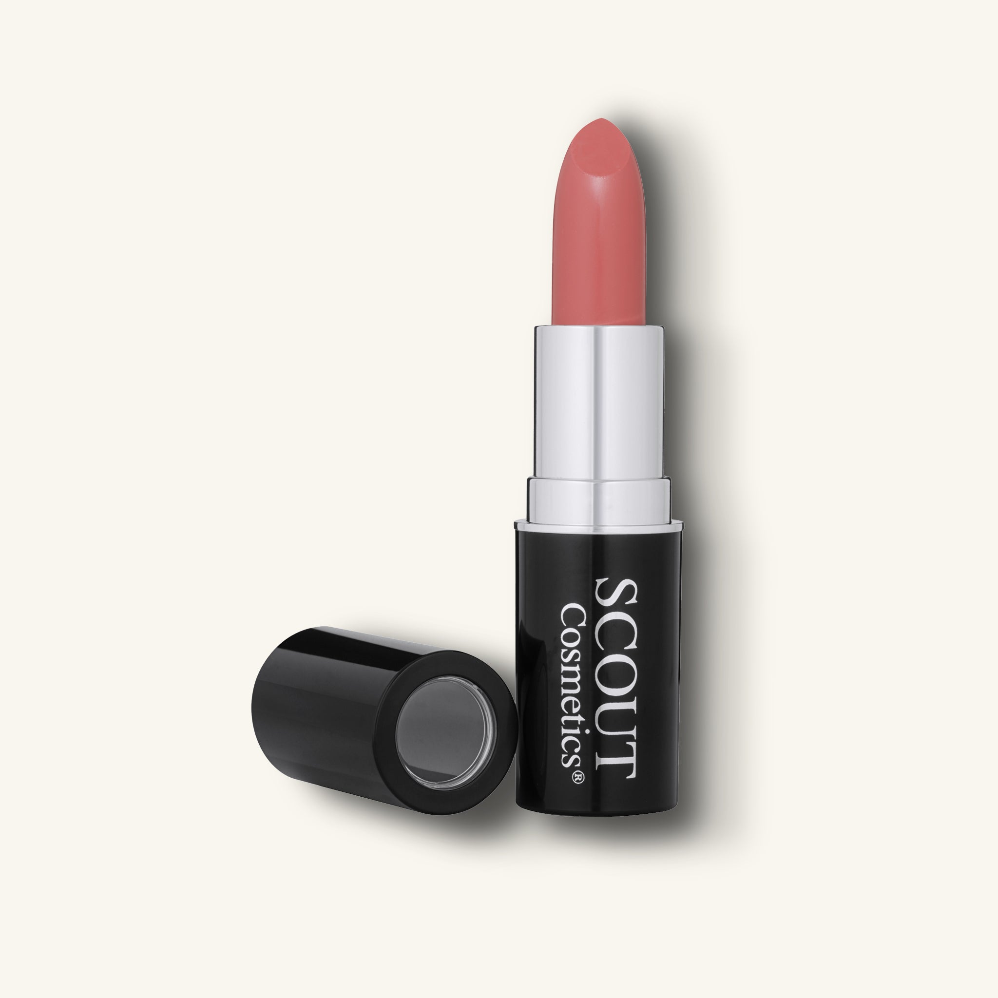 Lipstick with black case on a white background, featuring the brand 'SCOUT Cosmetics'.
