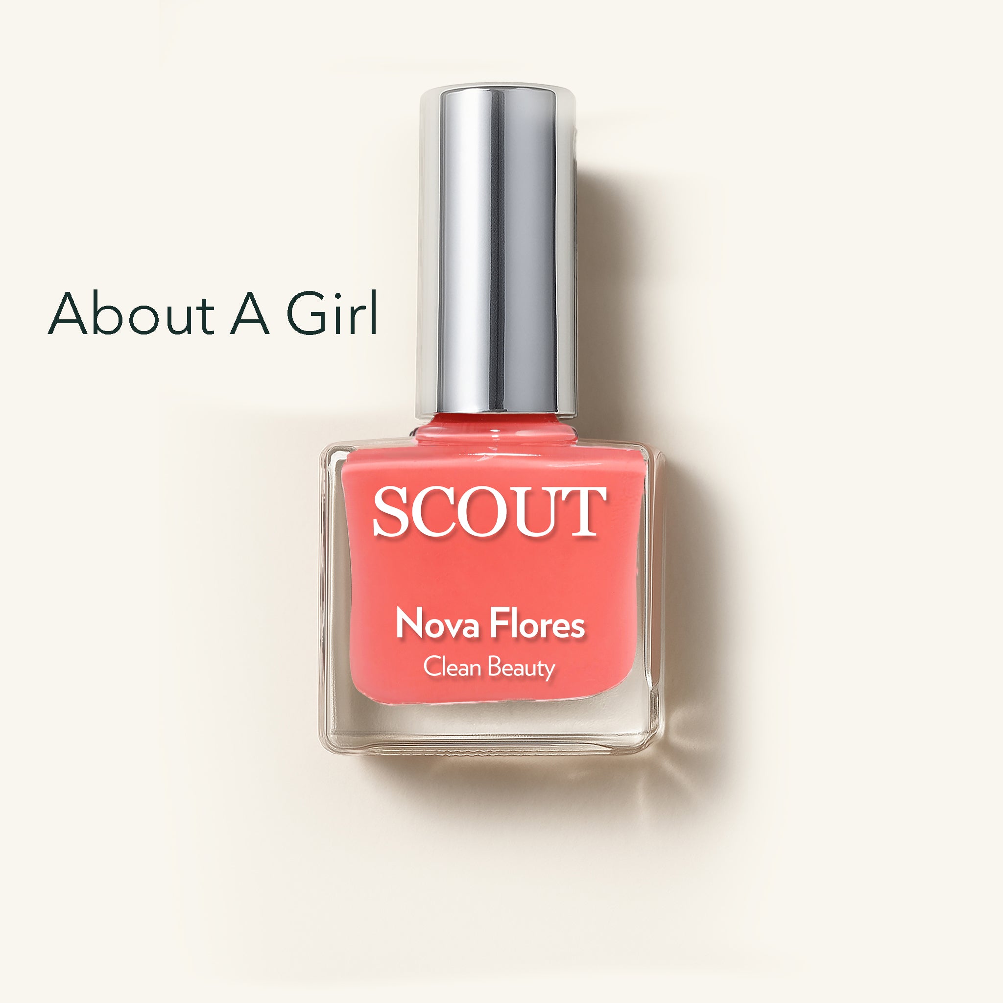 SCOUT nail polish bottle with 'Nova Flores' on a light background. Made in Australia, Superfood Ingredients. Toxic Free, Highly-Effective, Vegan. Protect nail health.