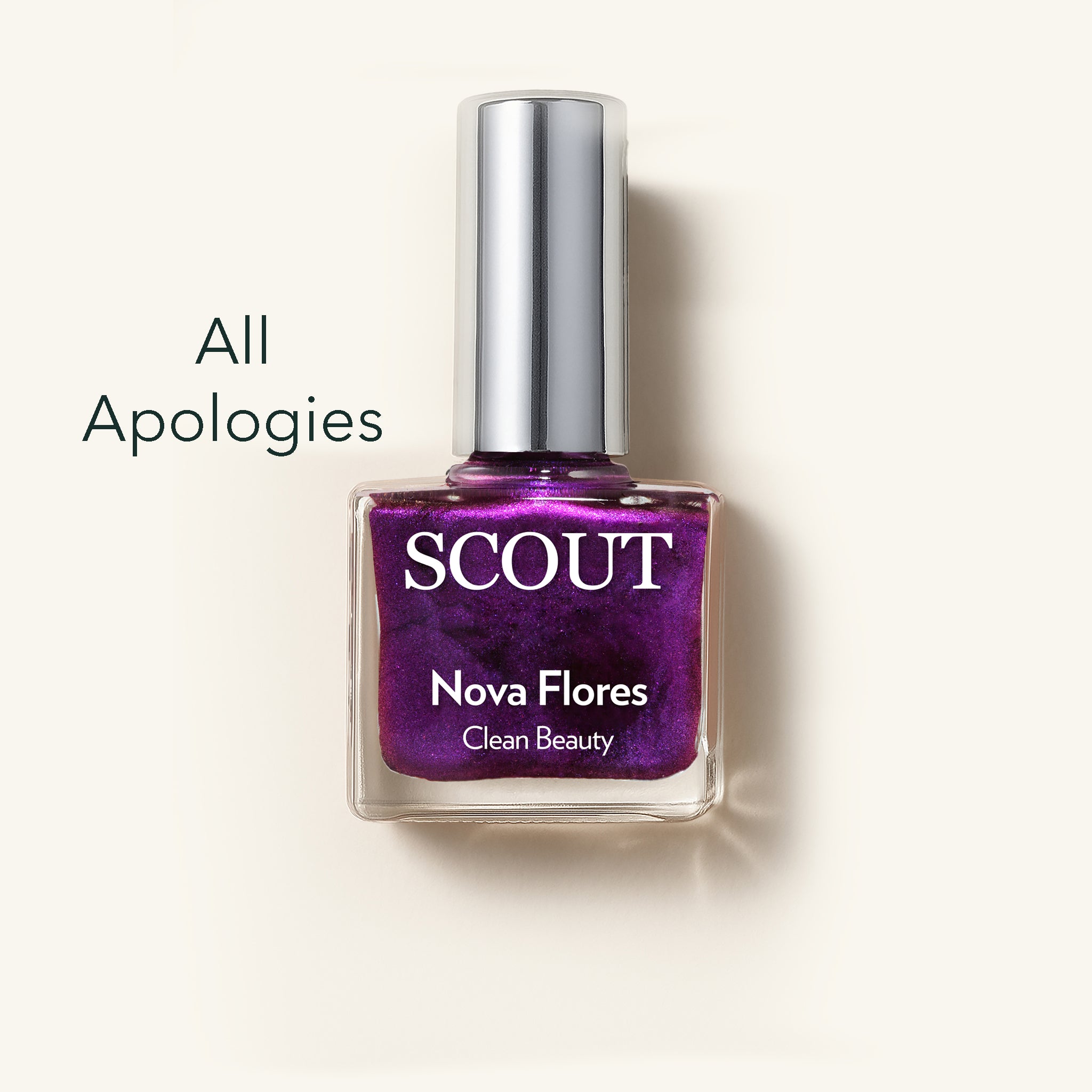 Purple nail polish bottle with silver cap on a white background, featuring the brand 'SCOUT'. Made in Australia, Superfood Ingredients. Toxic Free, Highly-Effective, Vegan. Protect nail health.