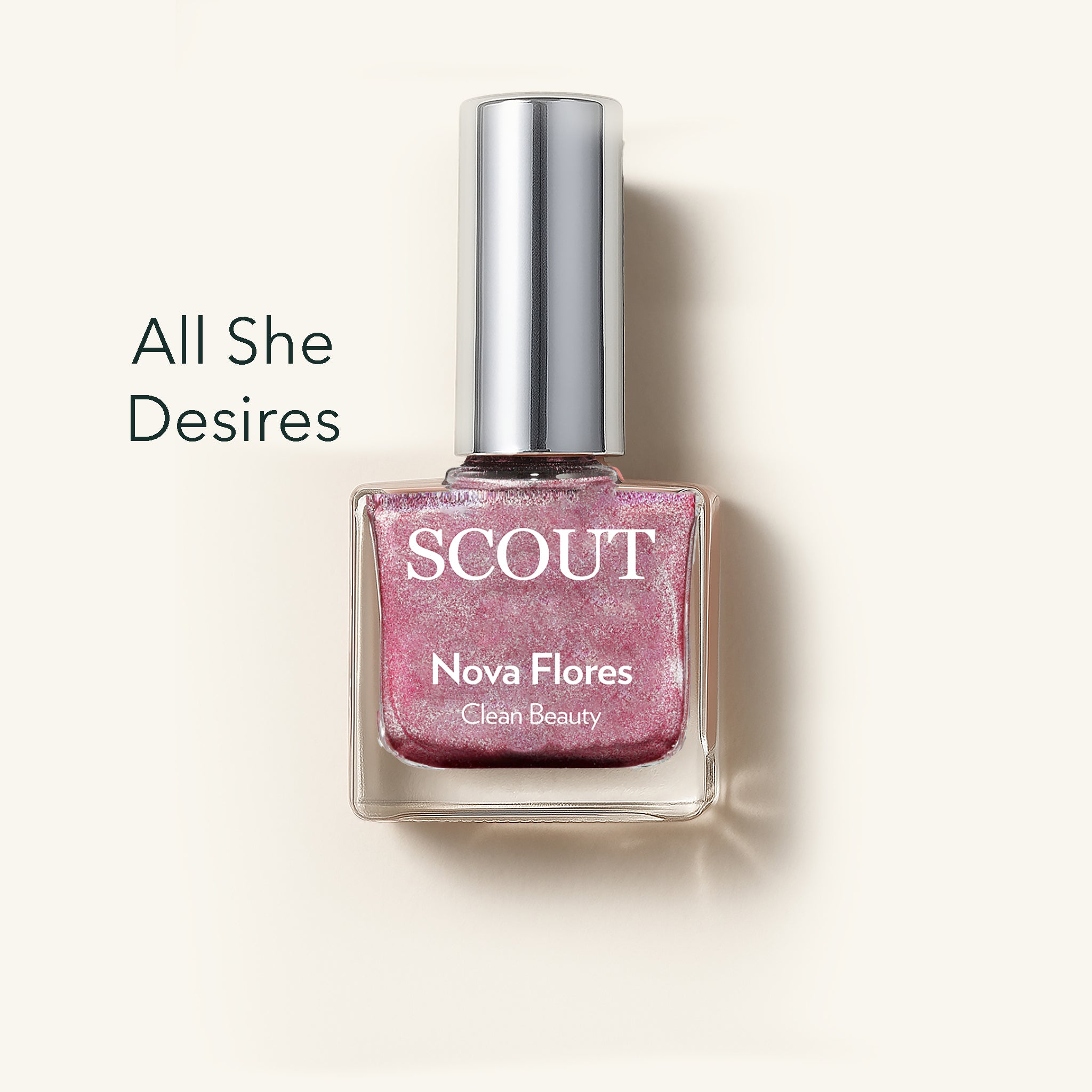 Nail polish bottle labeled 'SCOUT Nova Flores' on a light background. Made in Australia, Superfood Ingredients. Toxic Free, Highly-Effective, Vegan. Protect nail health.
