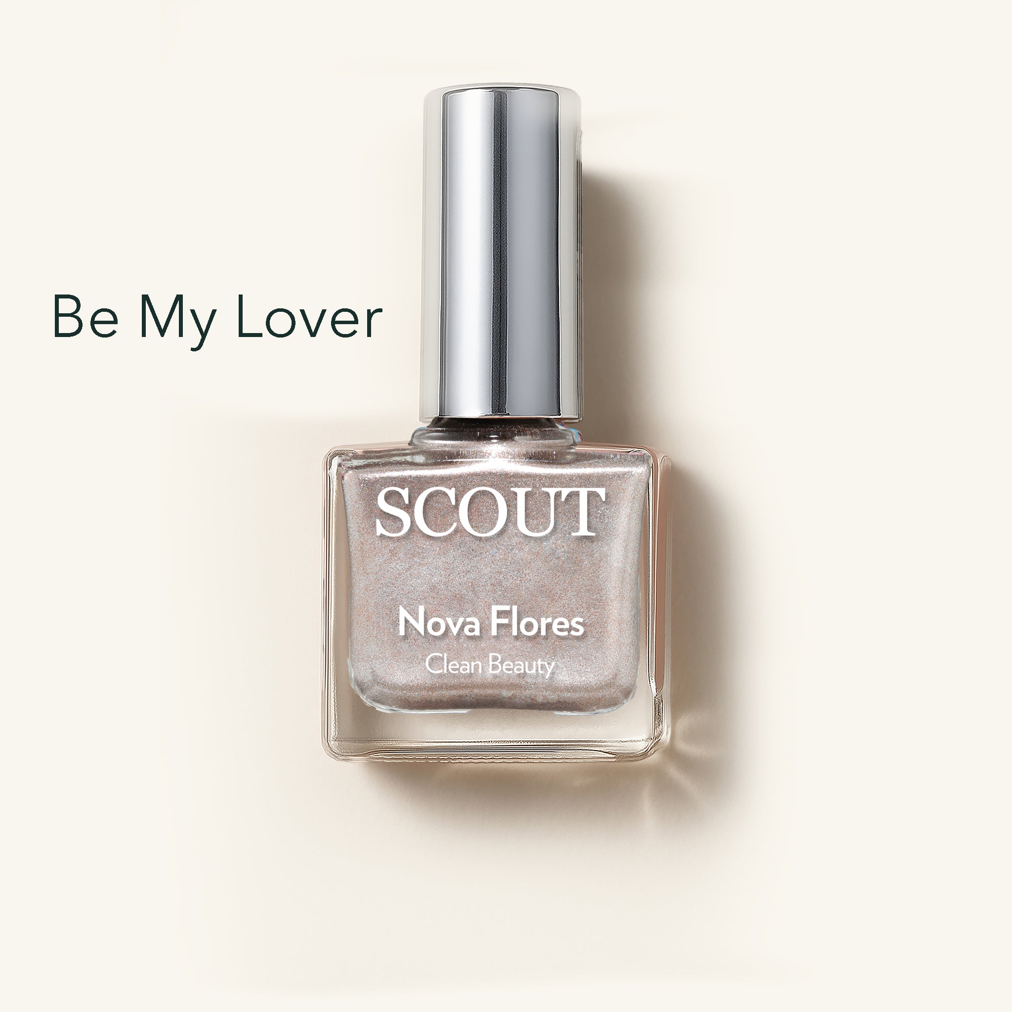 SCOUT nail polish bottle with 'Be My Lover' text on a light background. Made in Australia, Superfood Ingredients. Toxic Free, Highly-Effective, Vegan. Protect nail health.