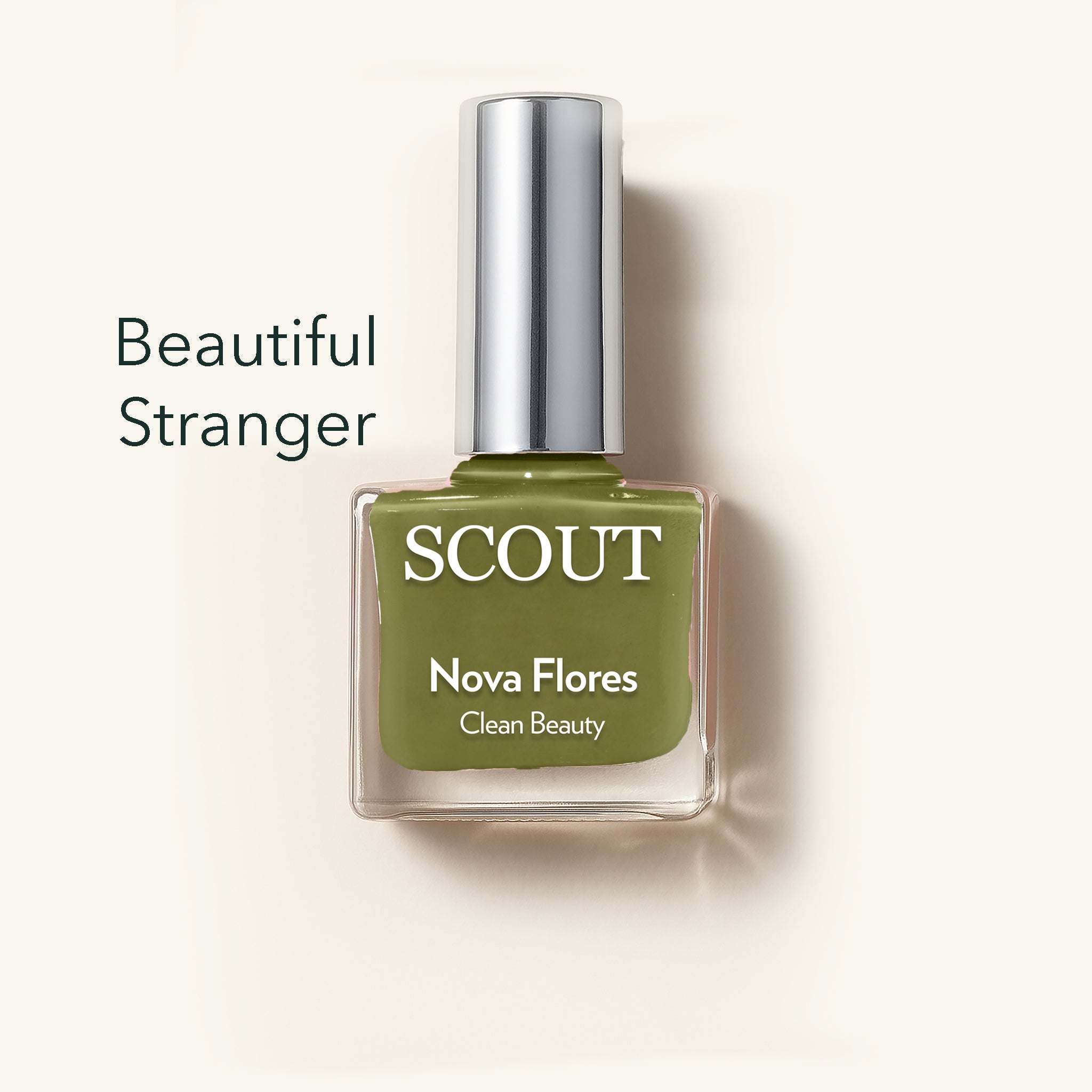 Green nail polish bottle with 'SCOUT' branding on a light background. Made in Australia, Superfood Ingredients. Toxic Free, Highly-Effective, Vegan. Protect nail health.