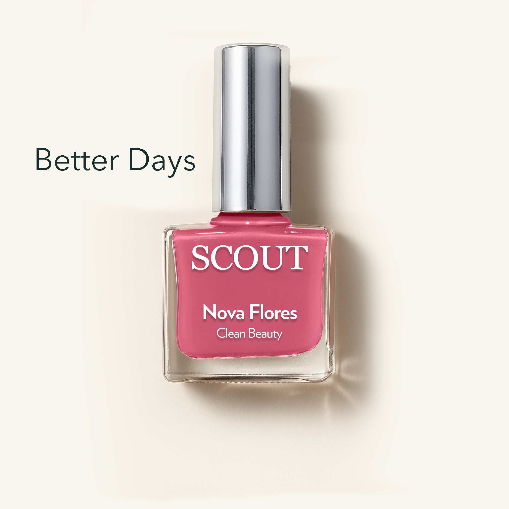 Pink nail polish bottle labeled 'SCOUT Nova Flores' on a light background. Made in Australia, Superfood Ingredients. Toxic Free, Highly-Effective, Vegan. Protect nail health.