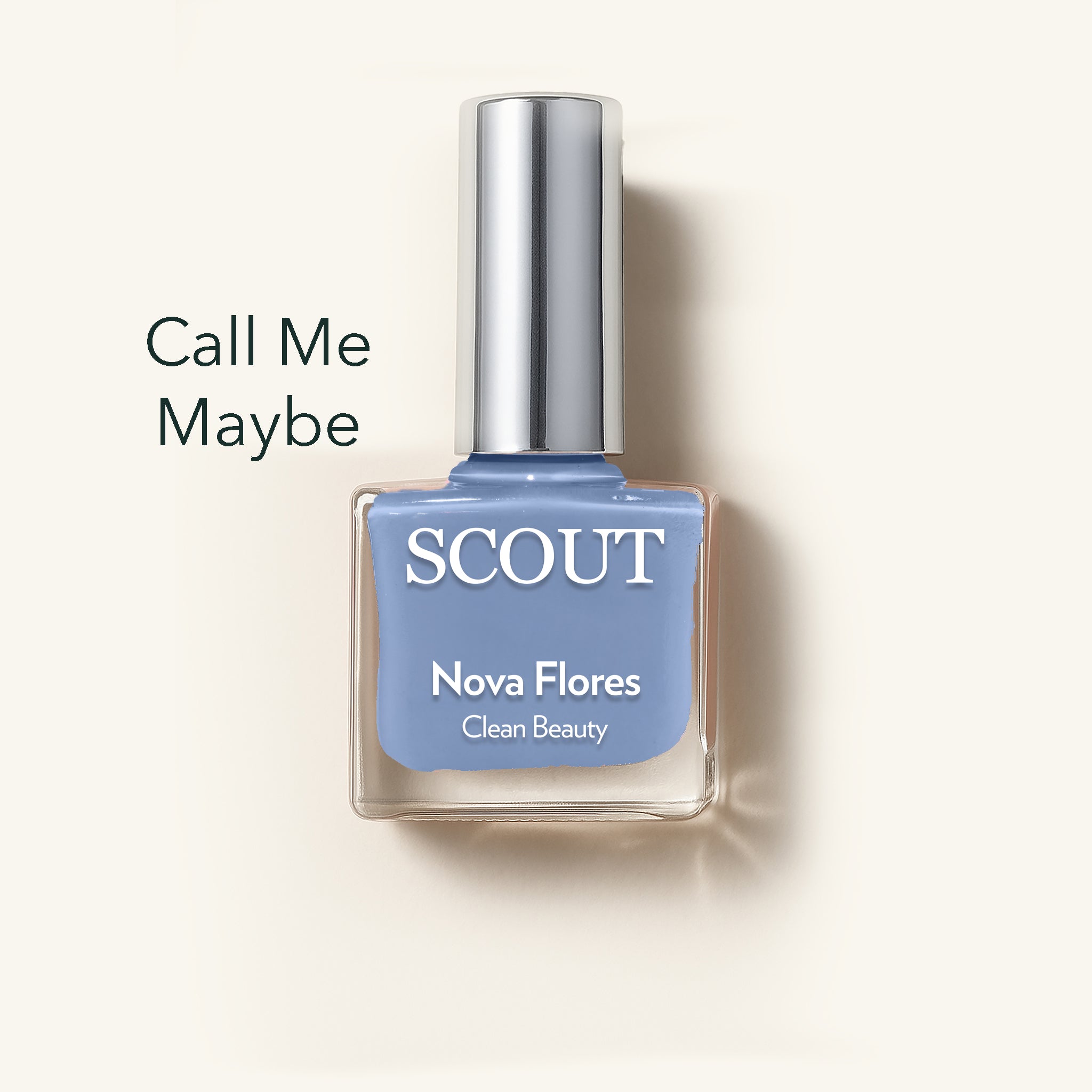 SCOUT nail polish bottle with 'Call Me Maybe' color on a light background. Made in Australia, Superfood Ingredients. Toxic Free, Highly-Effective, Vegan. Protect nail health.