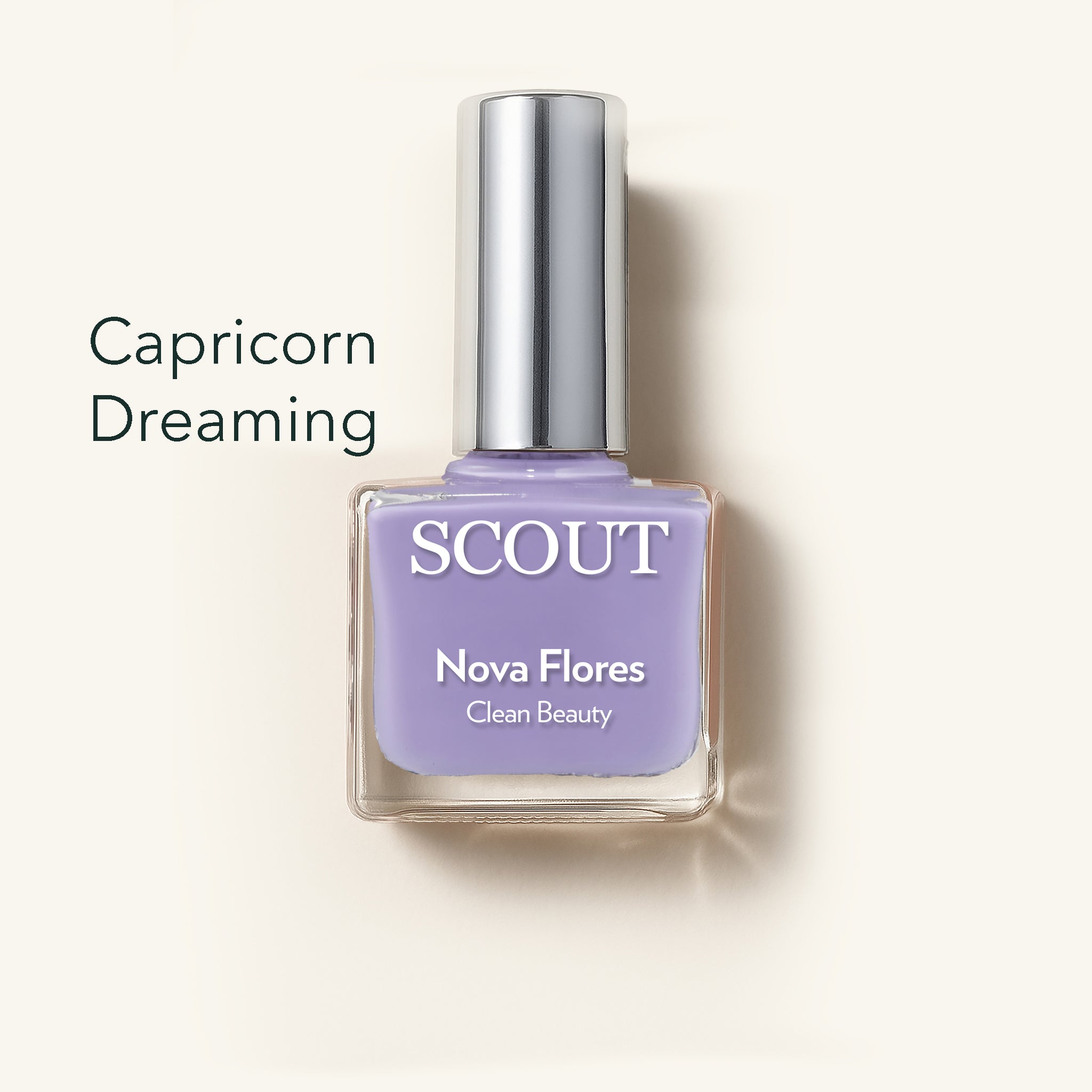 Nail polish bottle labeled 'SCOUT Nova Flores' with 'Capricorn Dreaming' color on a light background. Made in Australia, Superfood Ingredients. Toxic Free, Highly-Effective, Vegan. Protect nail health.