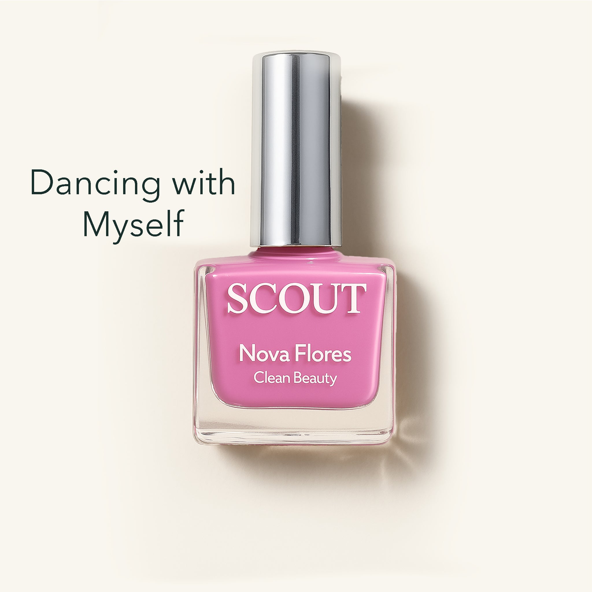 Pink nail polish bottle with 'SCOUT' branding on a light beige background. Made in Australia, Superfood Ingredients. Toxic Free, Highly-Effective, Vegan. Protect nail health.