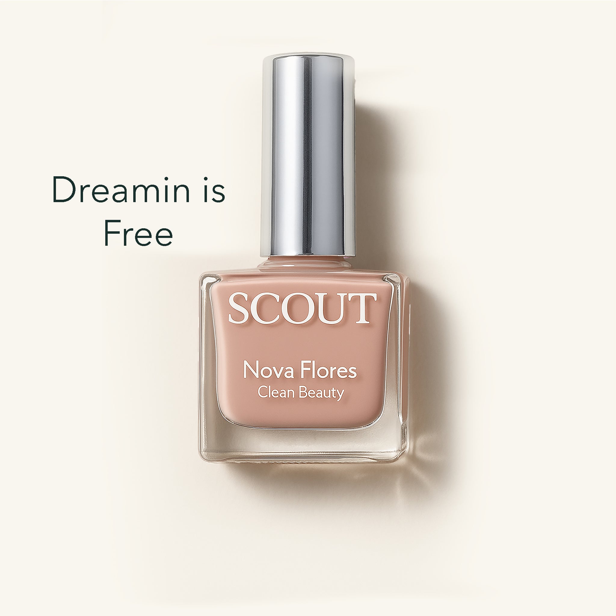 SCOUT nail polish bottle with a beige color on a light background. Made in Australia, Superfood Ingredients. Toxic Free, Highly-Effective, Vegan. Protect nail health.